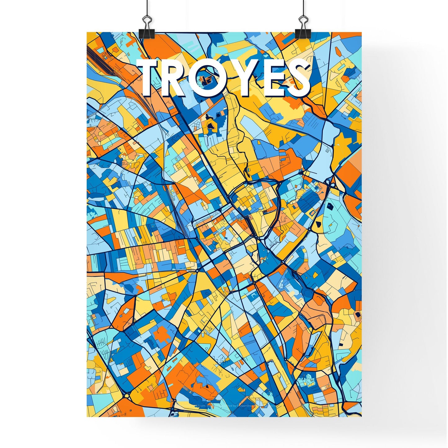 TROYES FRANCE Vibrant Colorful Art Map Poster Blue Orange