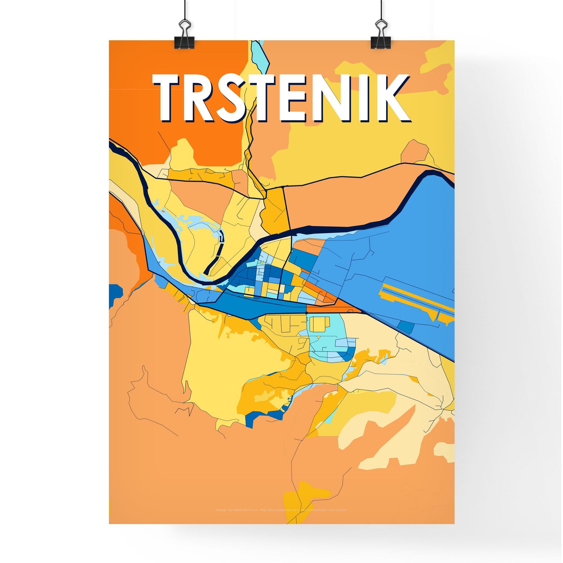 TRSTENIK SERBIA Vibrant Colorful Art Map Poster Blue Orange