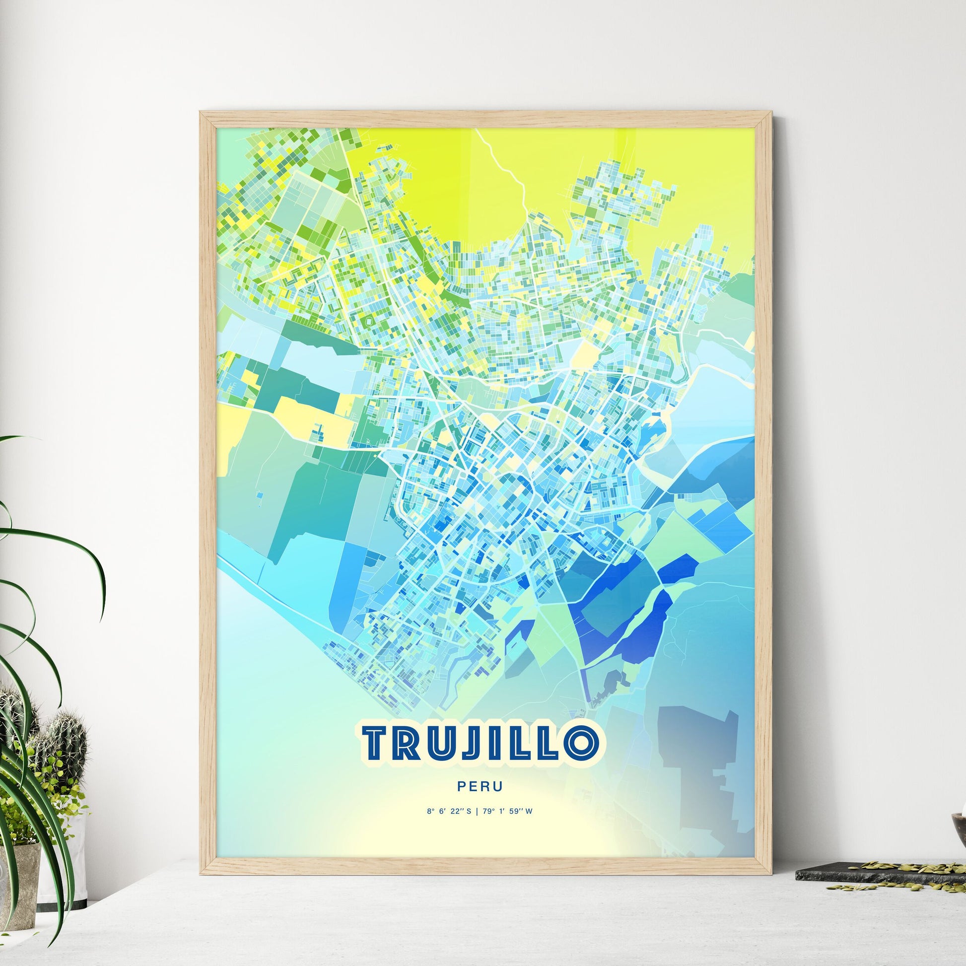 Colorful Trujillo Peru Fine Art Map Cool Blue
