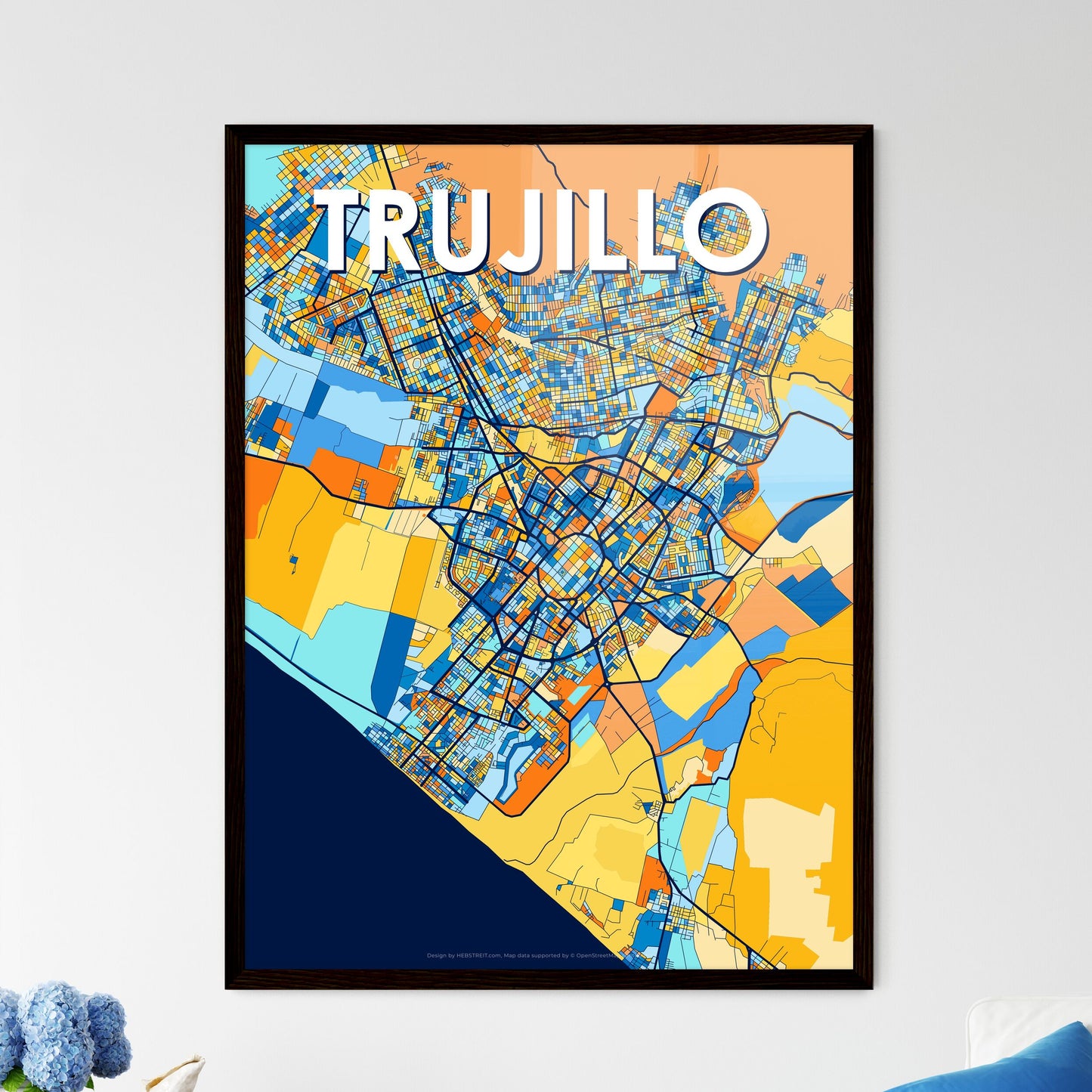 TRUJILLO PERU Vibrant Colorful Art Map Poster Blue Orange