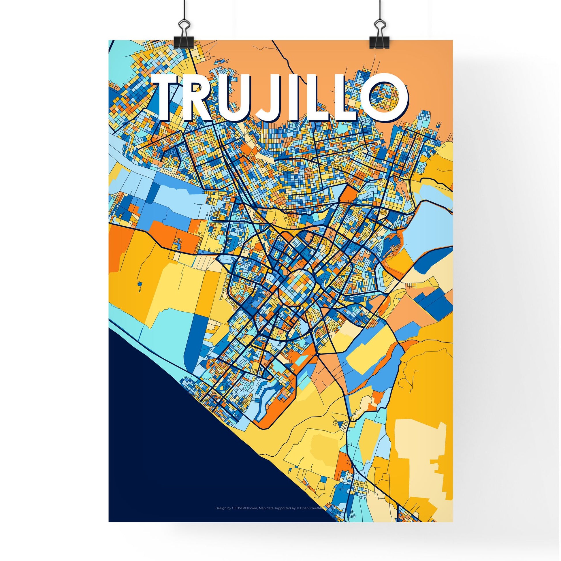 TRUJILLO PERU Vibrant Colorful Art Map Poster Blue Orange