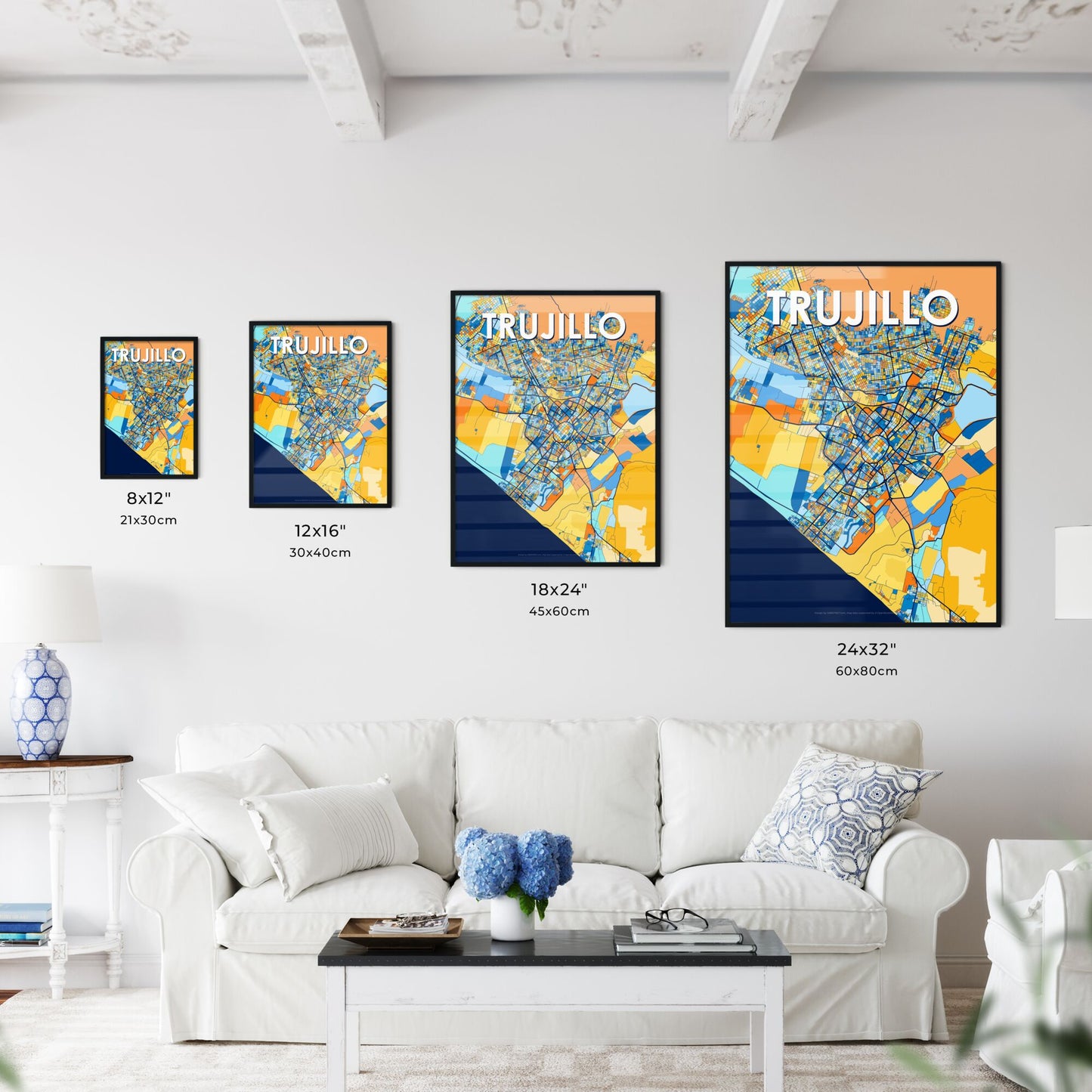 TRUJILLO PERU Vibrant Colorful Art Map Poster Blue Orange