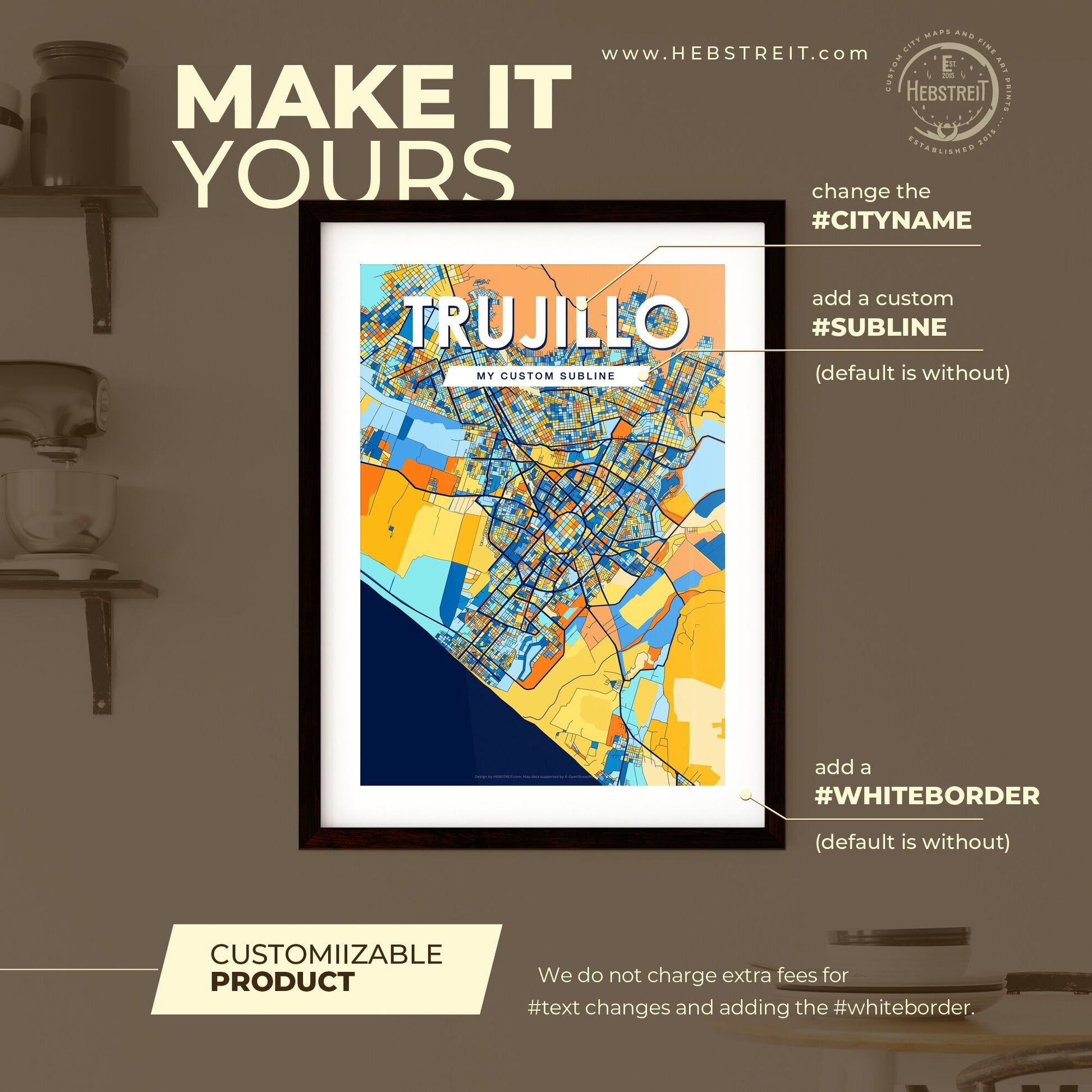 TRUJILLO PERU Vibrant Colorful Art Map Poster Blue Orange