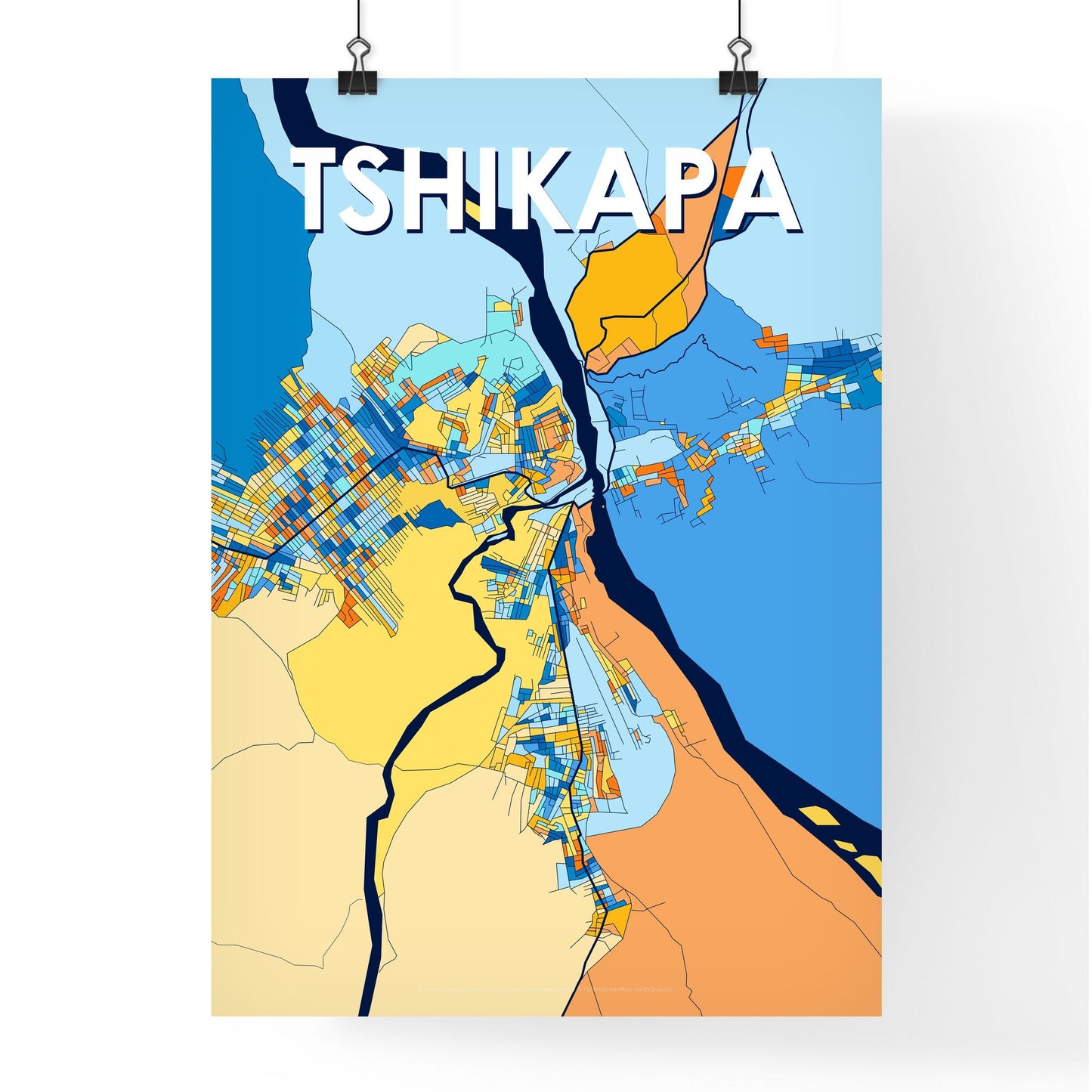 TSHIKAPA DR CONGO Vibrant Colorful Art Map Poster Blue Orange