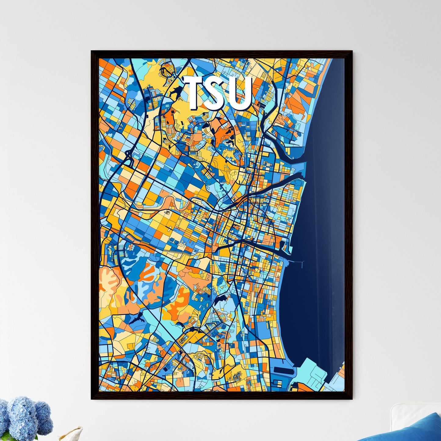 TSU JAPAN Vibrant Colorful Art Map Poster Blue Orange