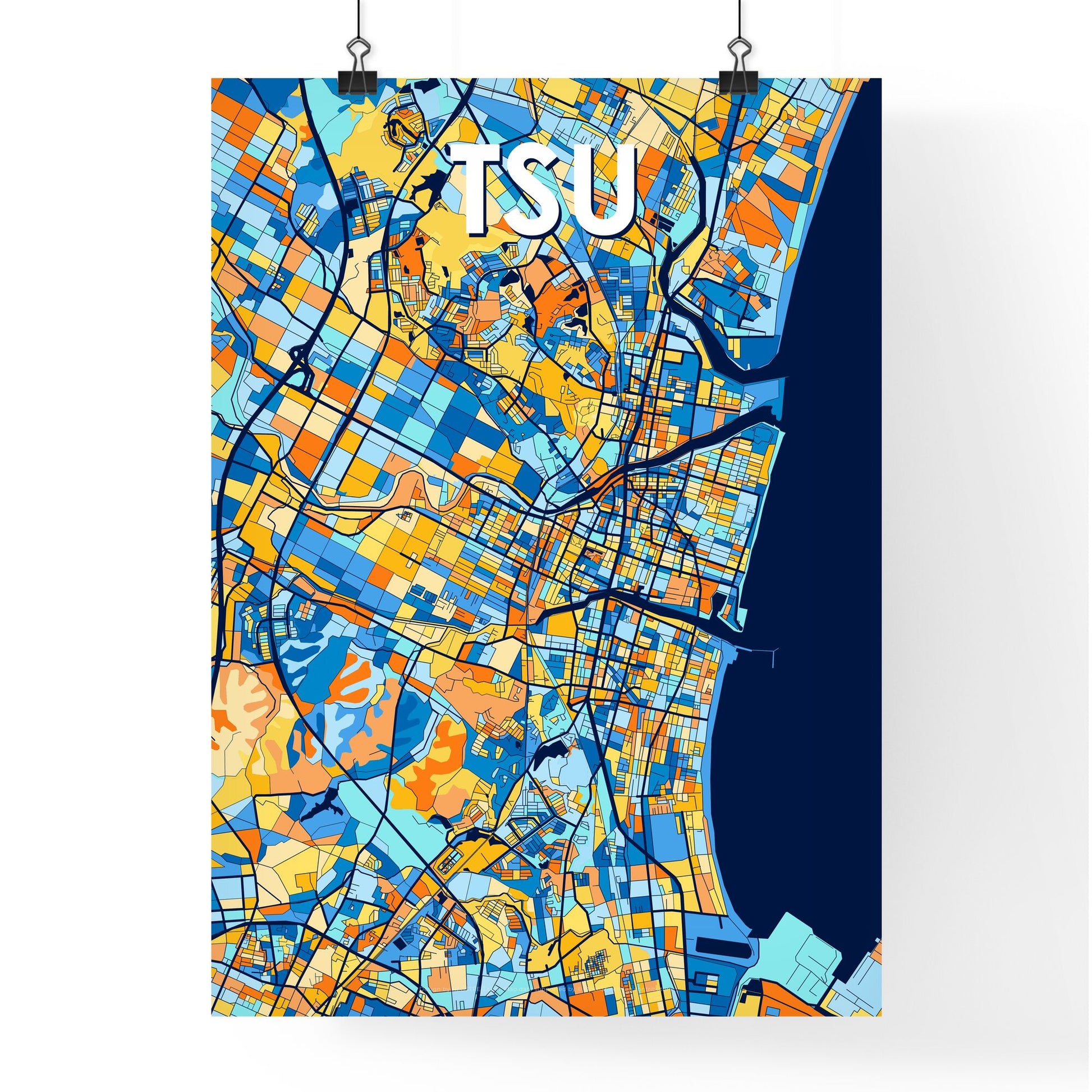 TSU JAPAN Vibrant Colorful Art Map Poster Blue Orange