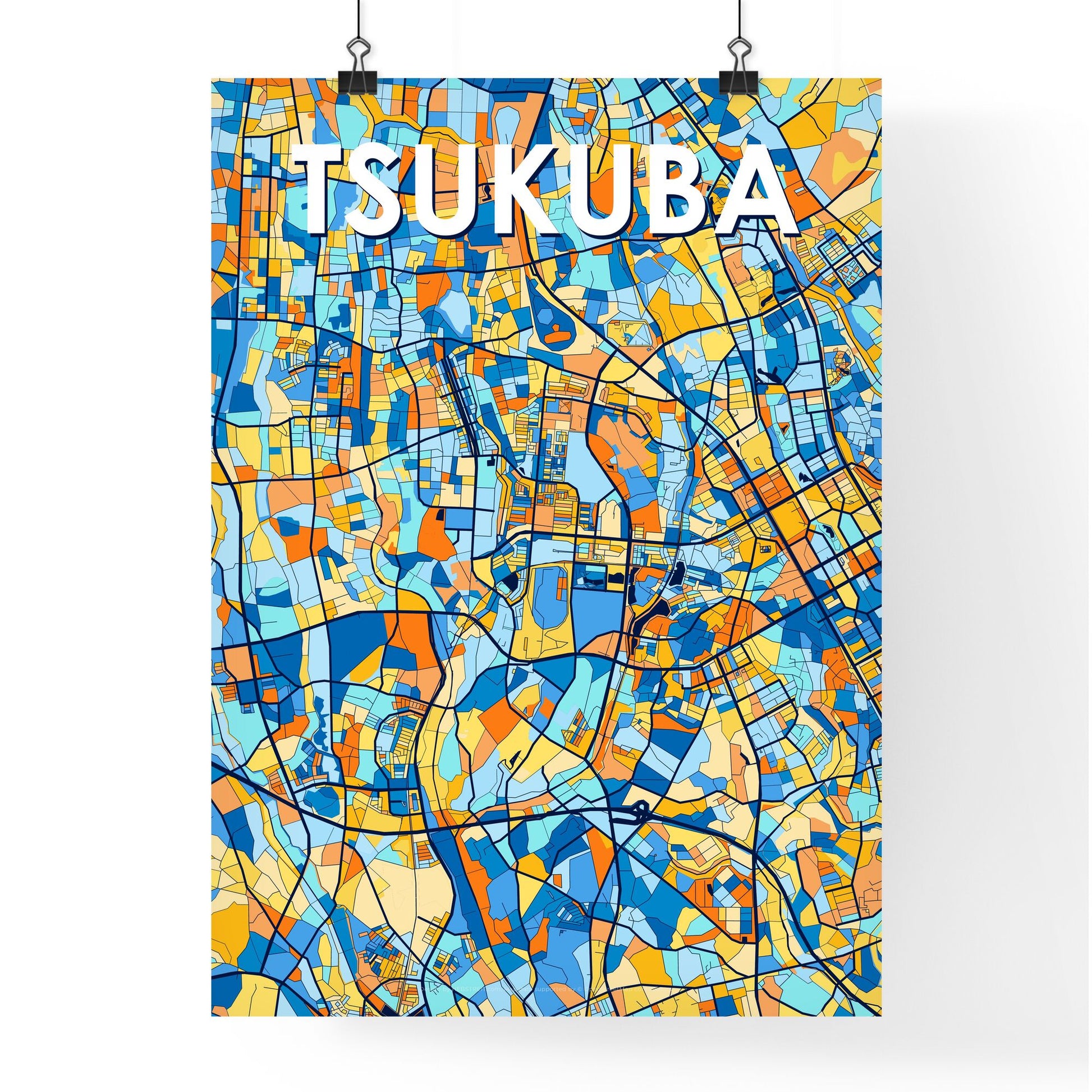 TSUKUBA JAPAN Vibrant Colorful Art Map Poster Blue Orange