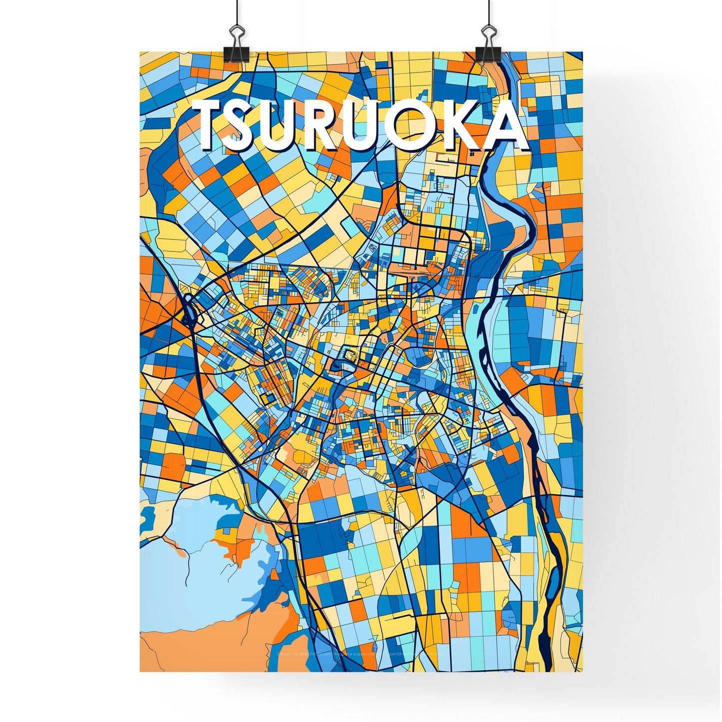 TSURUOKA JAPAN Vibrant Colorful Art Map Poster Blue Orange