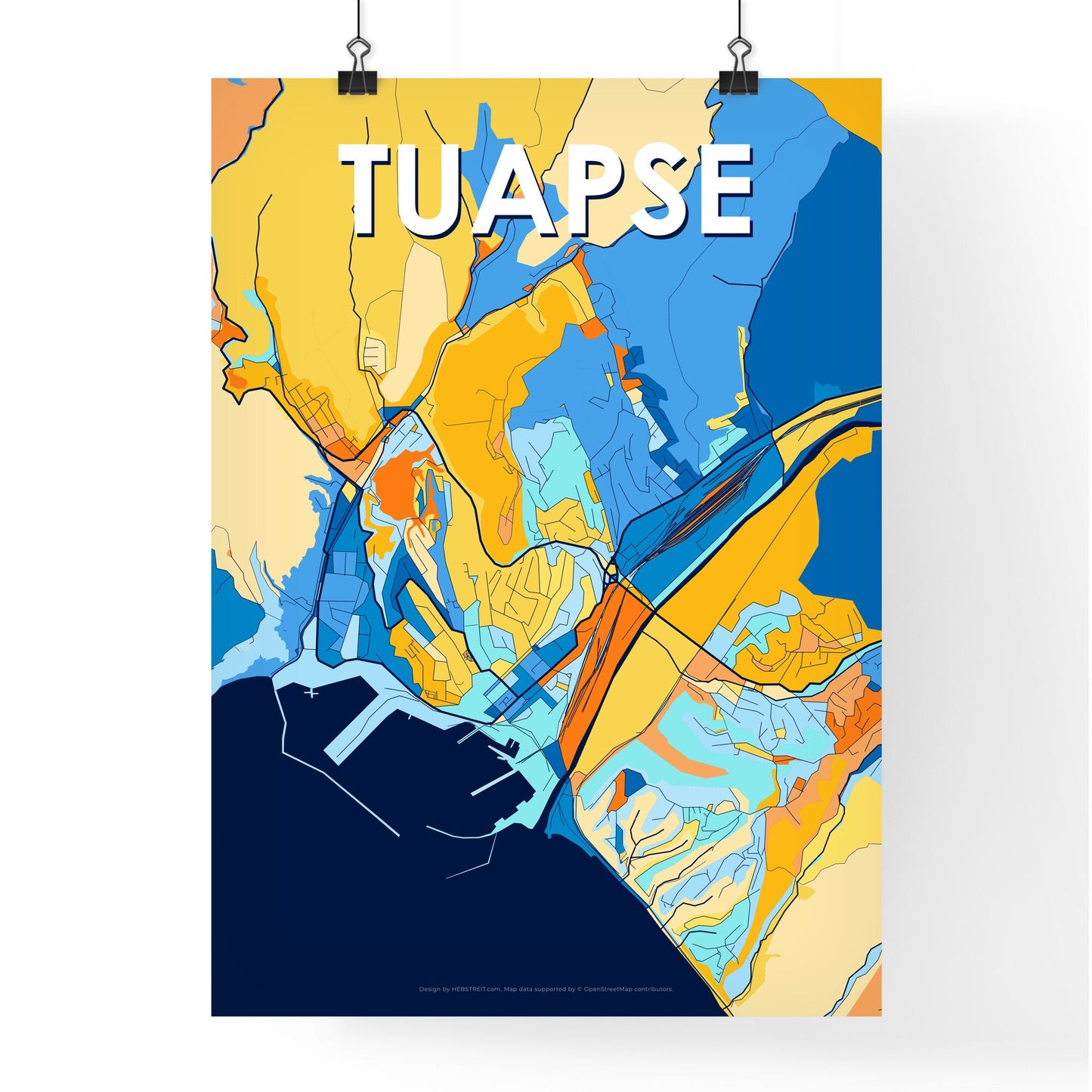 TUAPSE RUSSIA Vibrant Colorful Art Map Poster Blue Orange