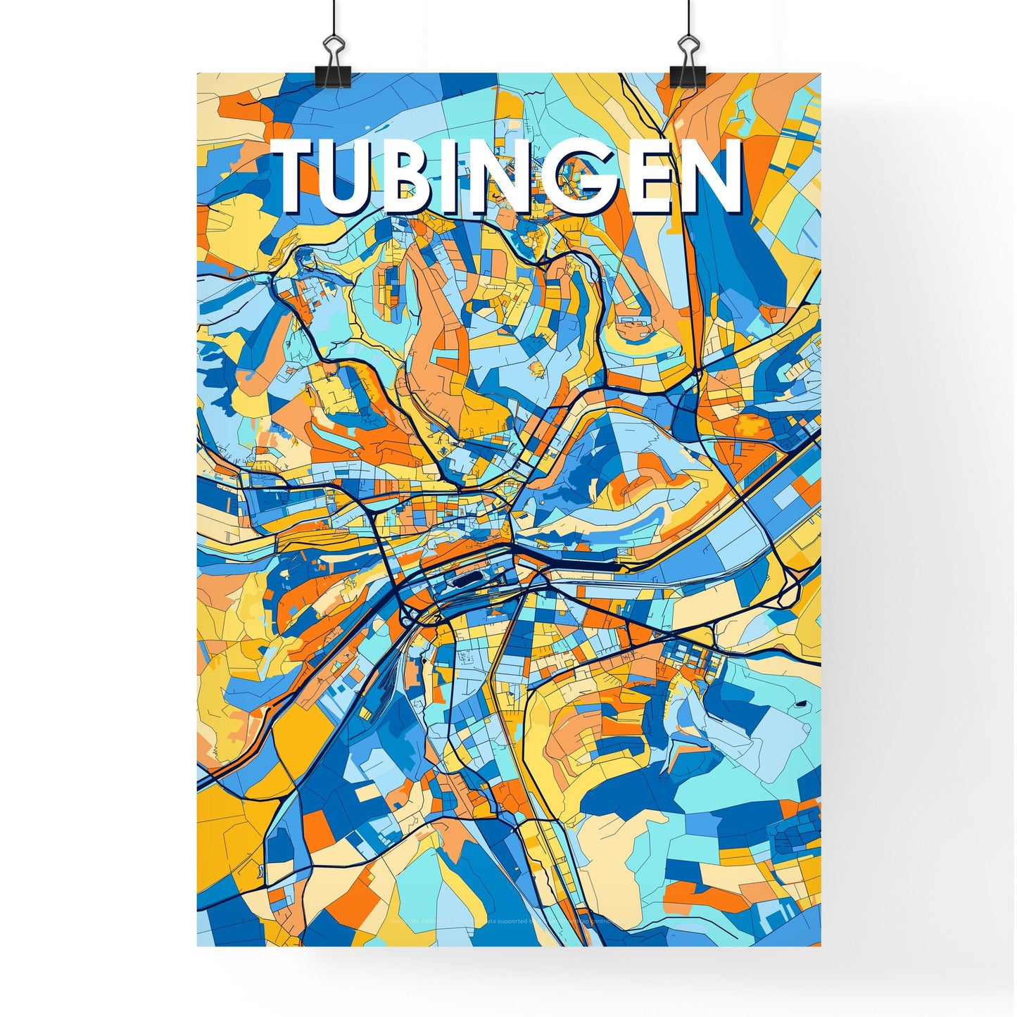 TUBINGEN GERMANY Vibrant Colorful Art Map Poster Blue Orange