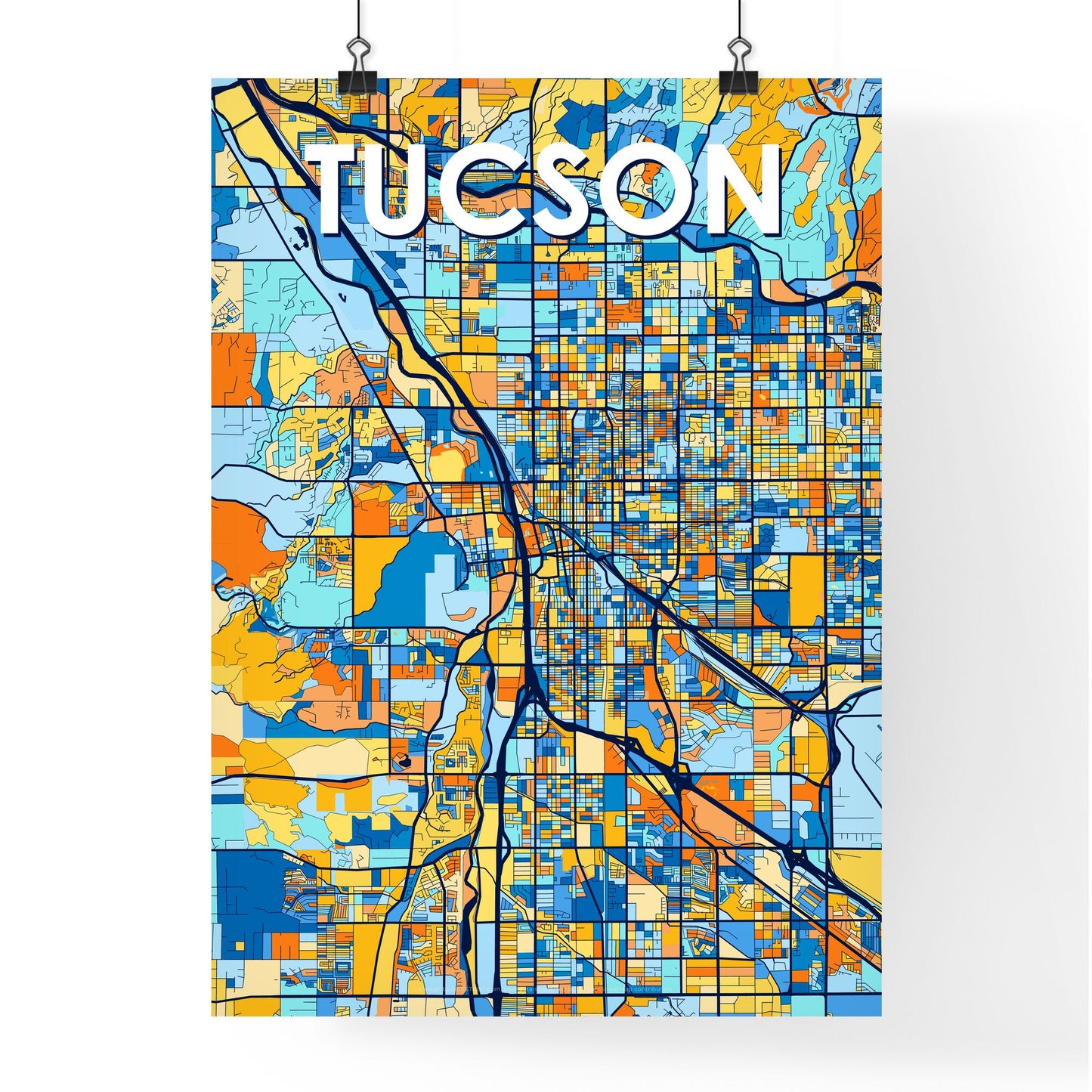 TUCSON ARIZONA Vibrant Colorful Art Map Poster Blue Orange