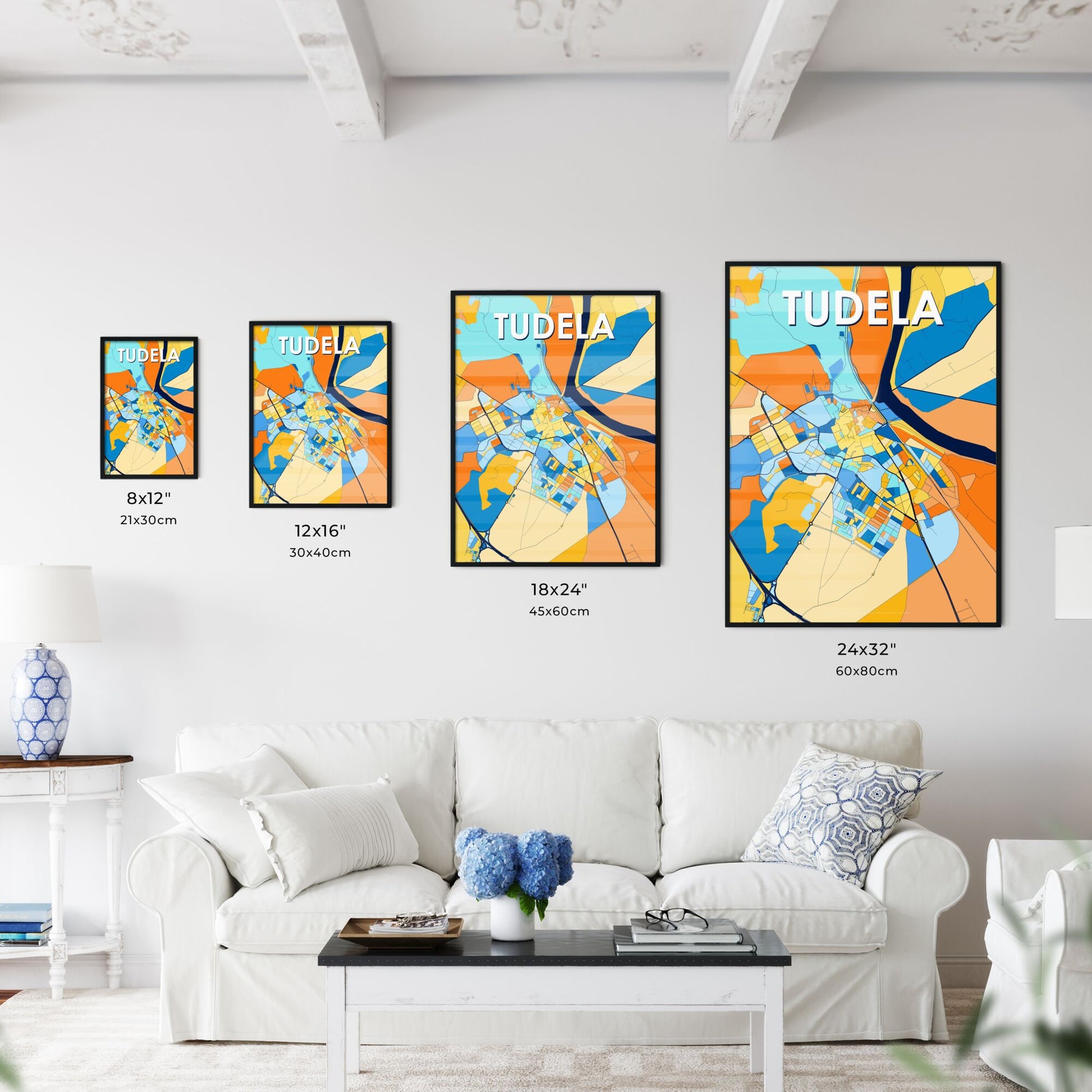 TUDELA SPAIN Vibrant Colorful Art Map Poster Blue Orange