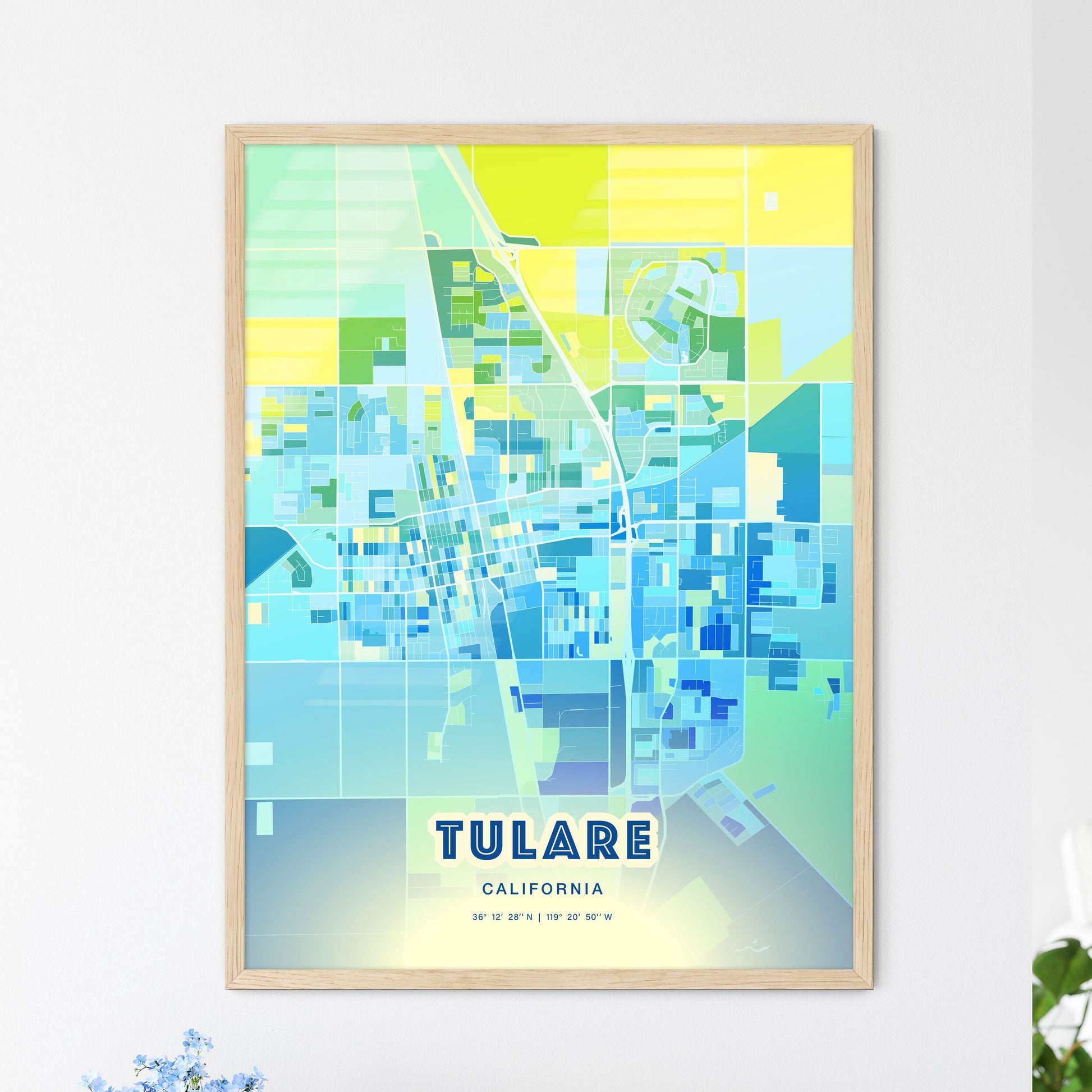 Colorful Tulare California Fine Art Map Cool Blue