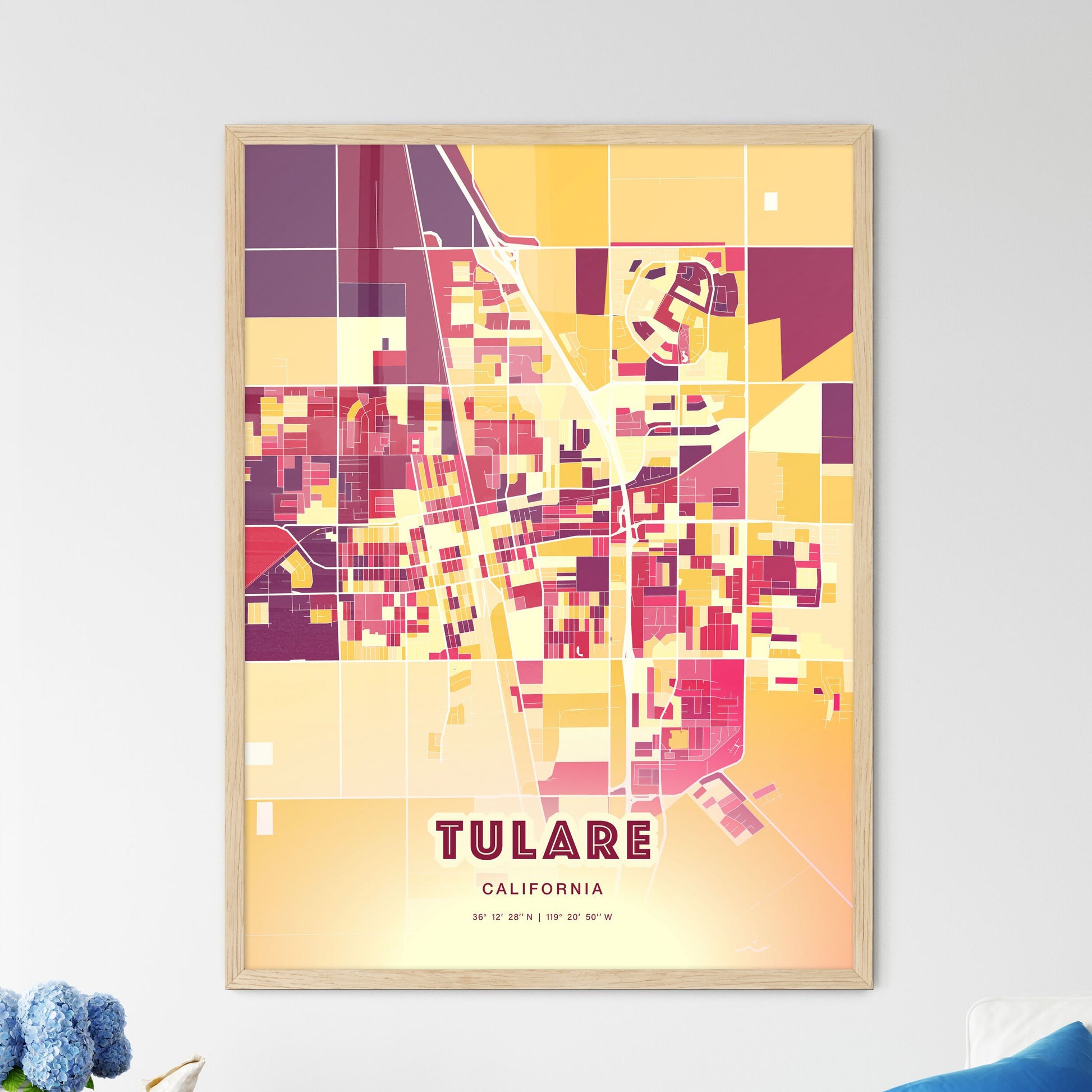 Colorful Tulare California Fine Art Map Hot Red