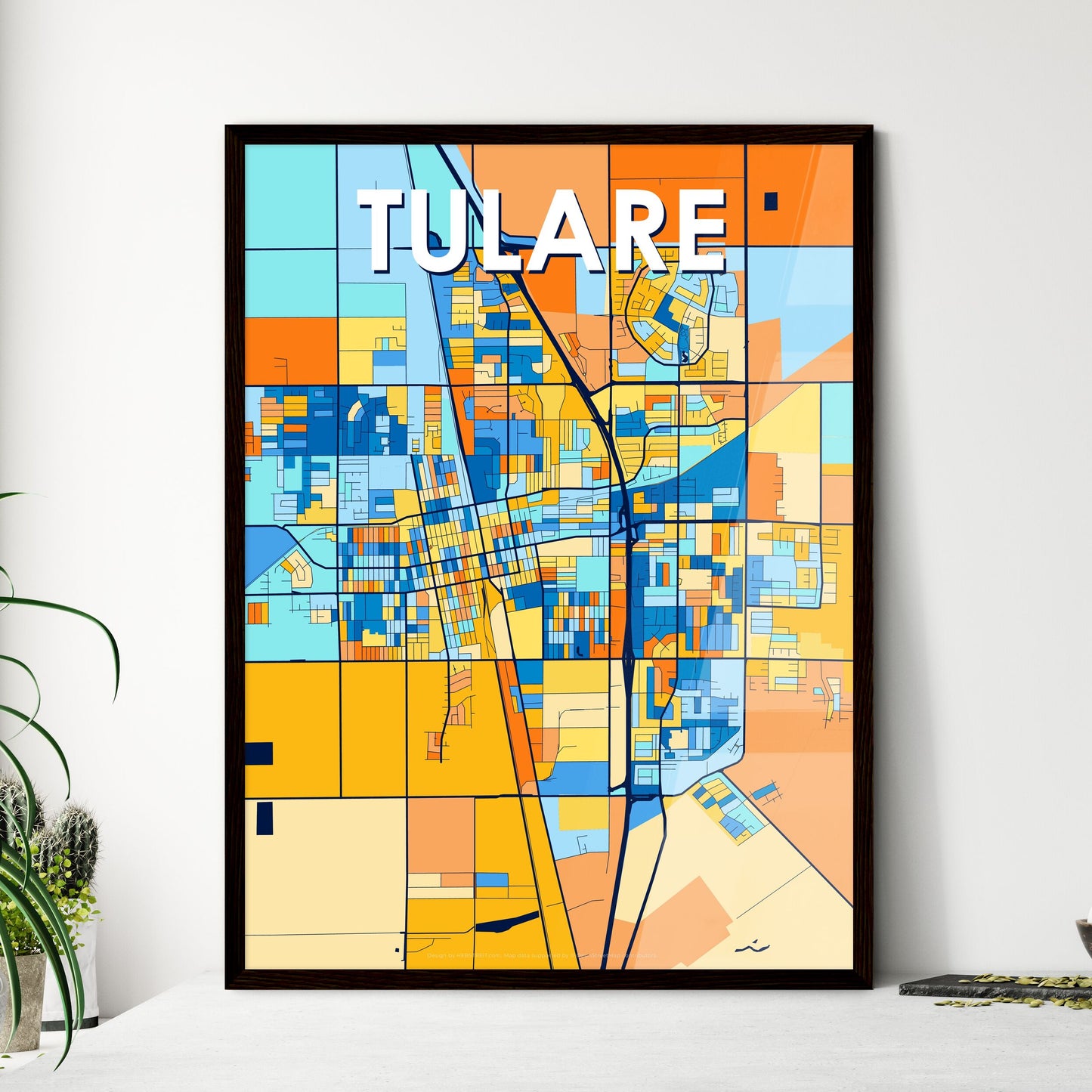 TULARE CALIFORNIA Vibrant Colorful Art Map Poster Blue Orange