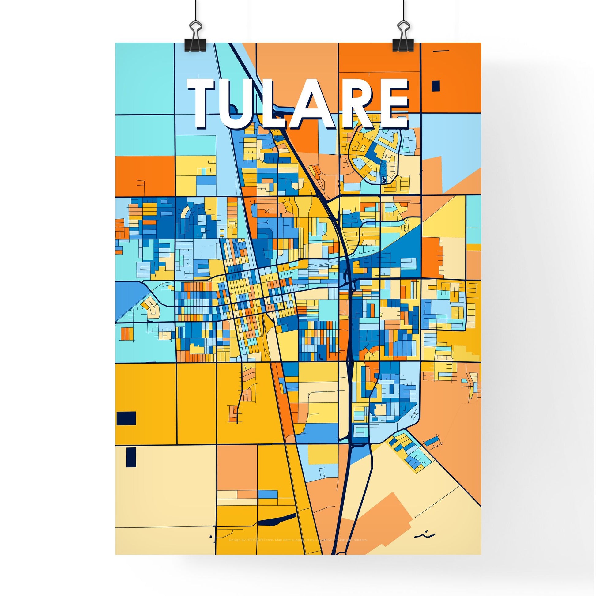 TULARE CALIFORNIA Vibrant Colorful Art Map Poster Blue Orange