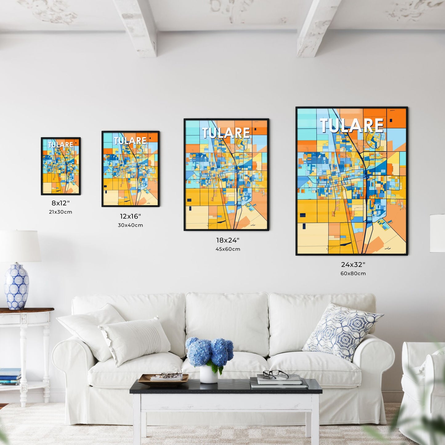 TULARE CALIFORNIA Vibrant Colorful Art Map Poster Blue Orange