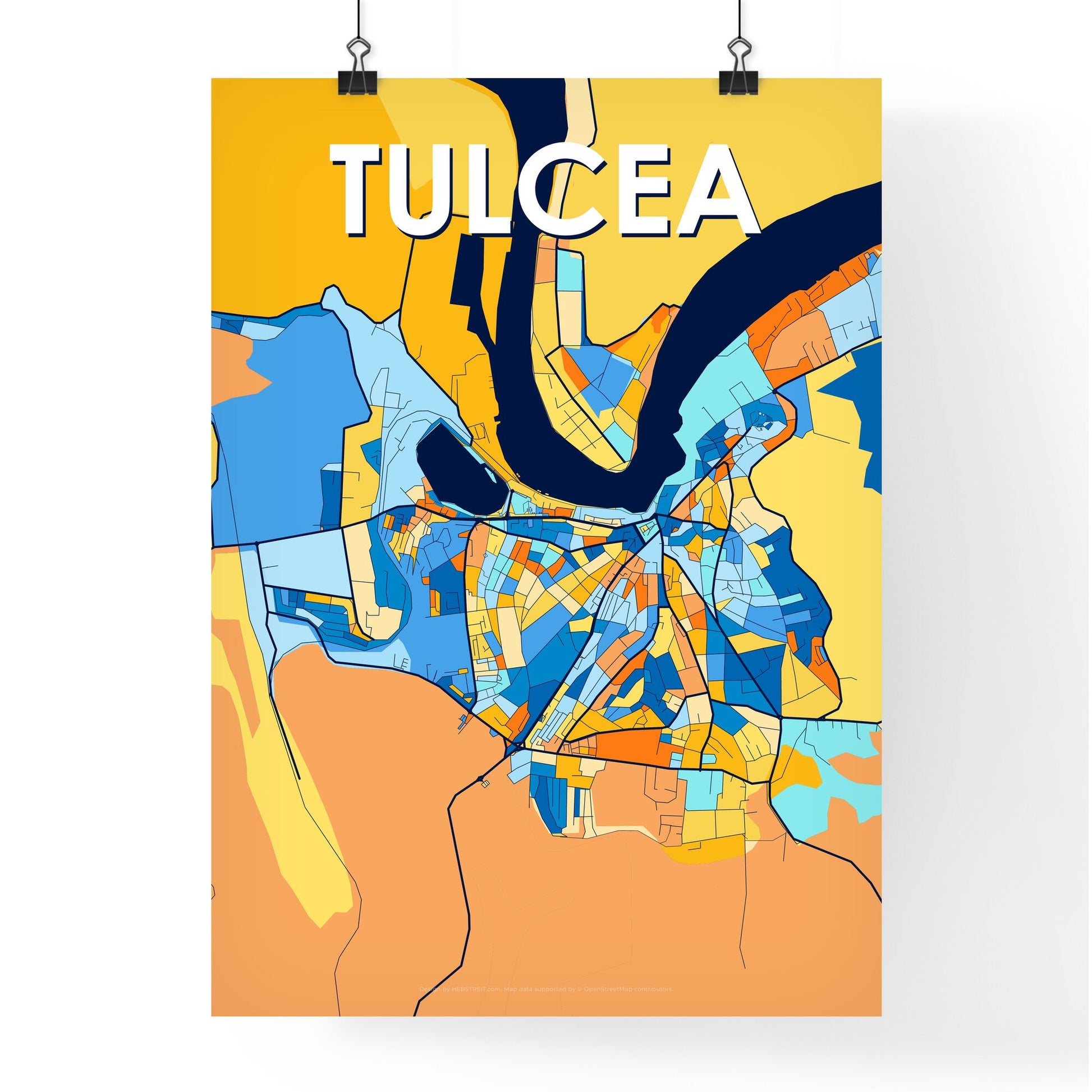 TULCEA ROMANIA Vibrant Colorful Art Map Poster Blue Orange