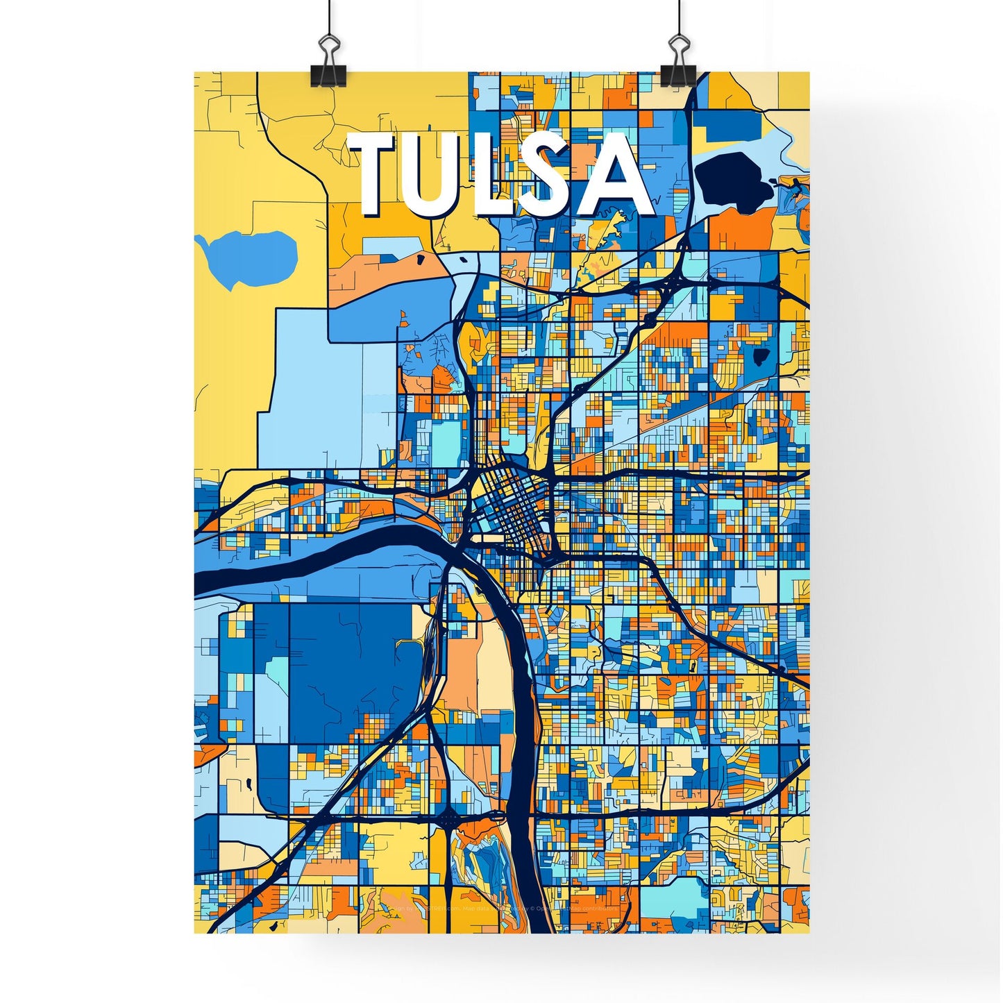 TULSA OKLAHOMA Vibrant Colorful Art Map Poster Blue Orange