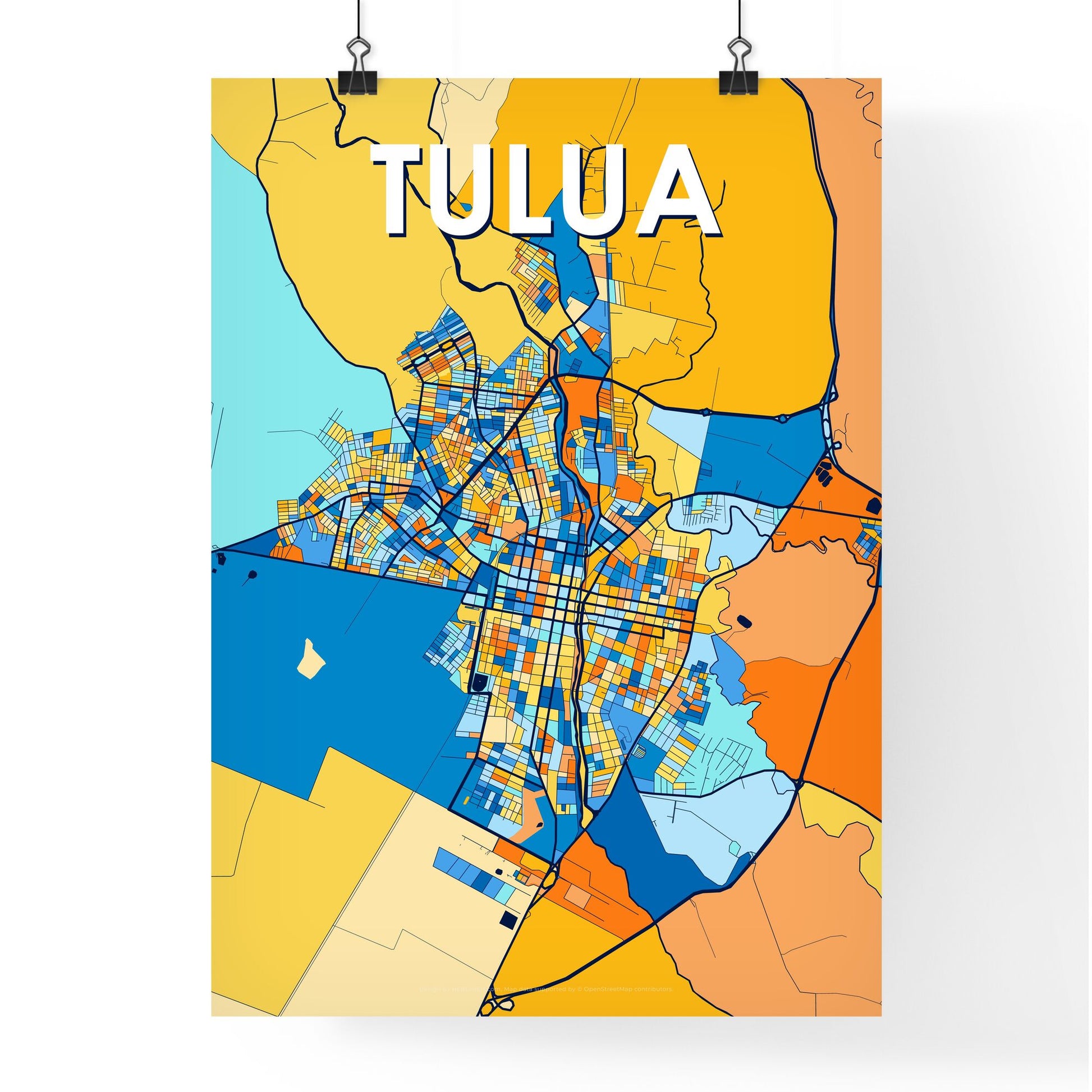 TULUA COLOMBIA Vibrant Colorful Art Map Poster Blue Orange