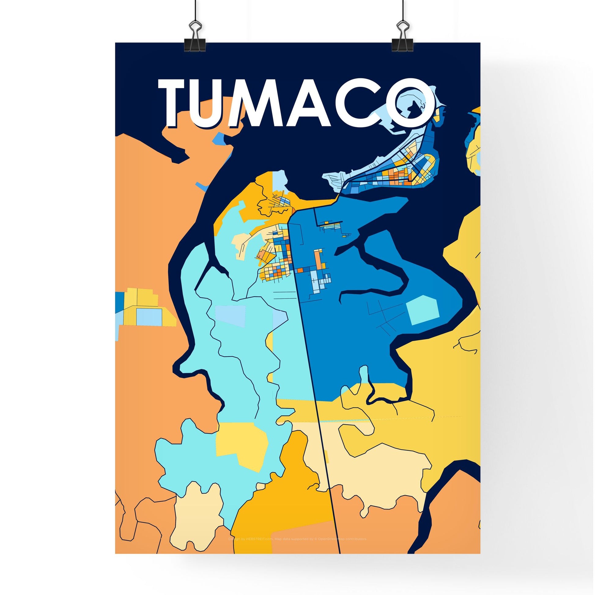 TUMACO COLOMBIA Vibrant Colorful Art Map Poster Blue Orange