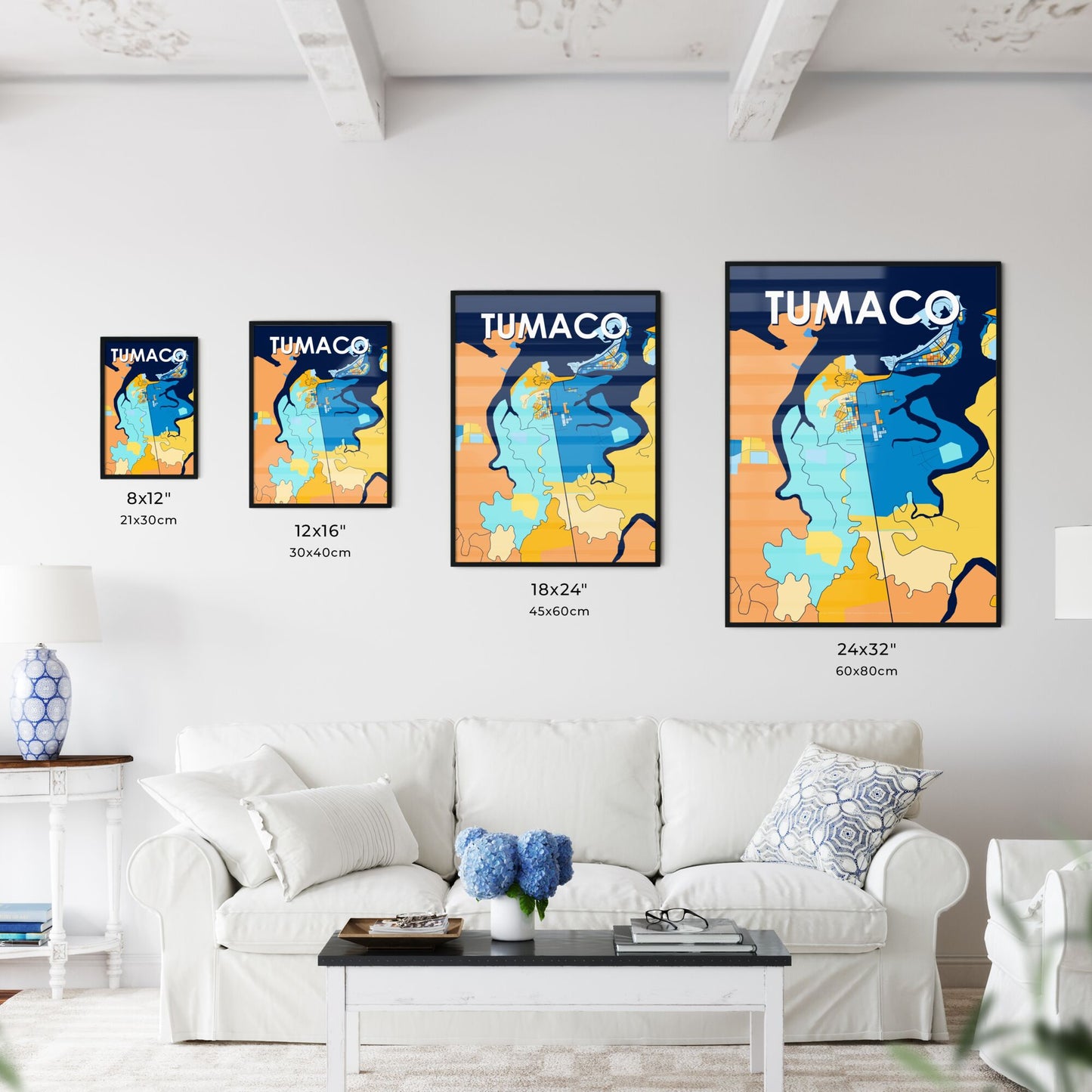 TUMACO COLOMBIA Vibrant Colorful Art Map Poster Blue Orange