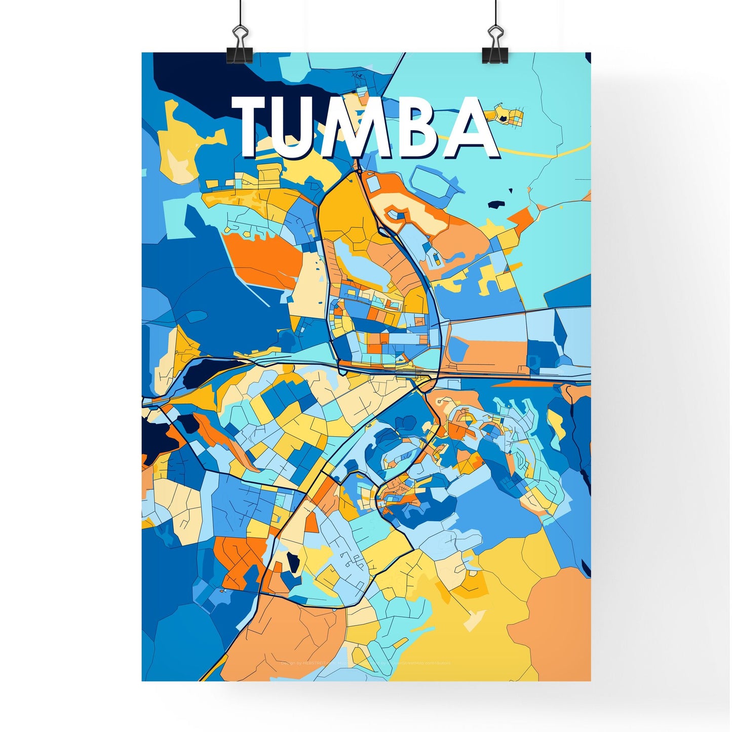 TUMBA SWEDEN Vibrant Colorful Art Map Poster Blue Orange