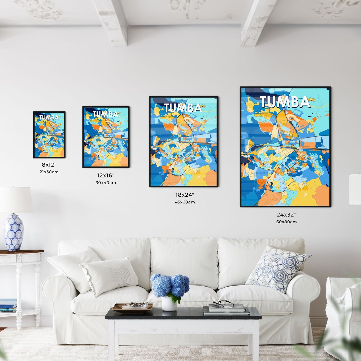 TUMBA SWEDEN Vibrant Colorful Art Map Poster Blue Orange