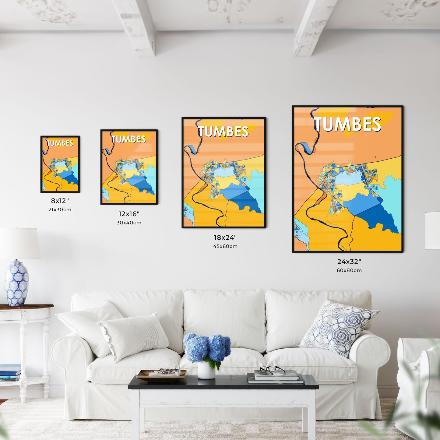 TUMBES PERU Vibrant Colorful Art Map Poster Blue Orange