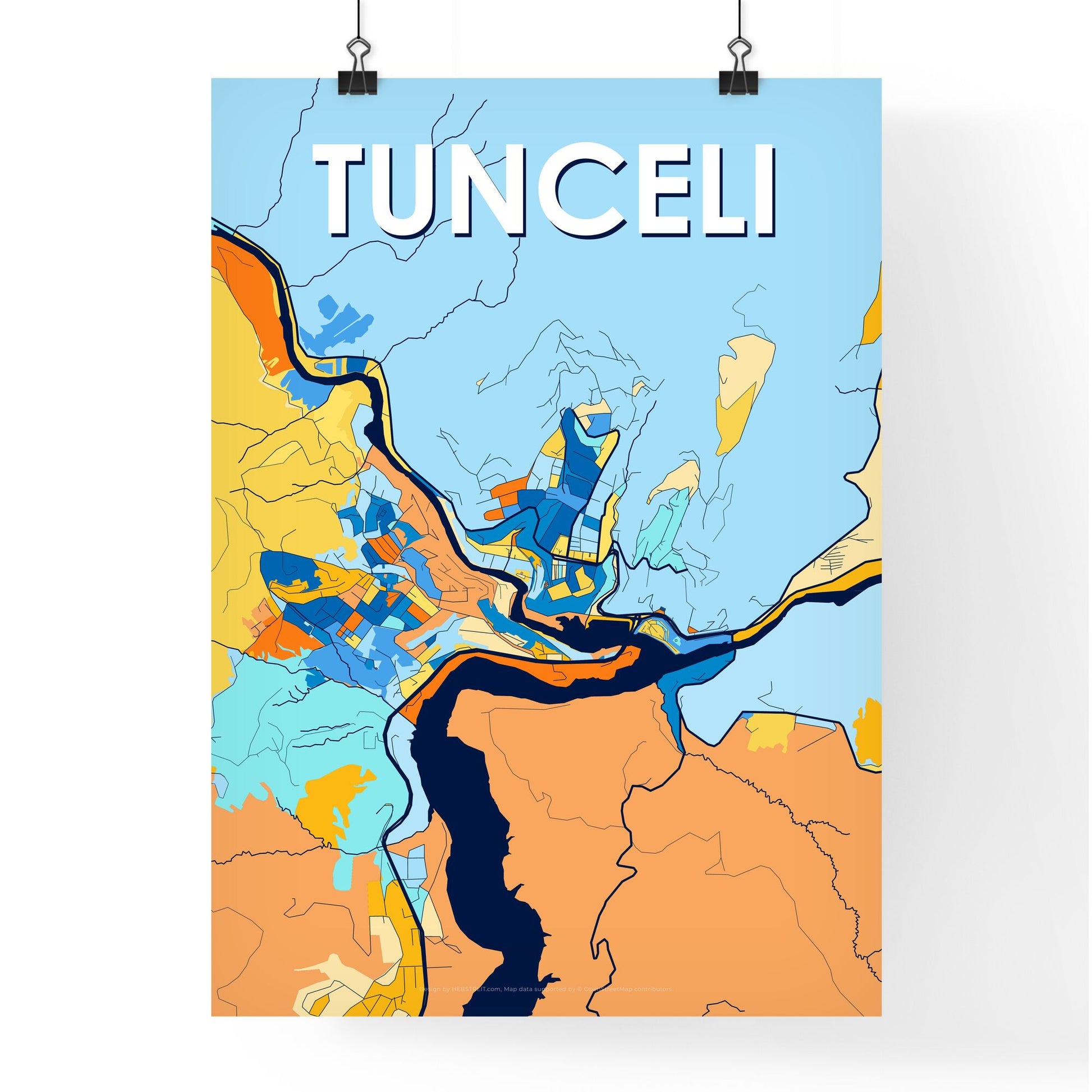 TUNCELI TURKEY Vibrant Colorful Art Map Poster Blue Orange