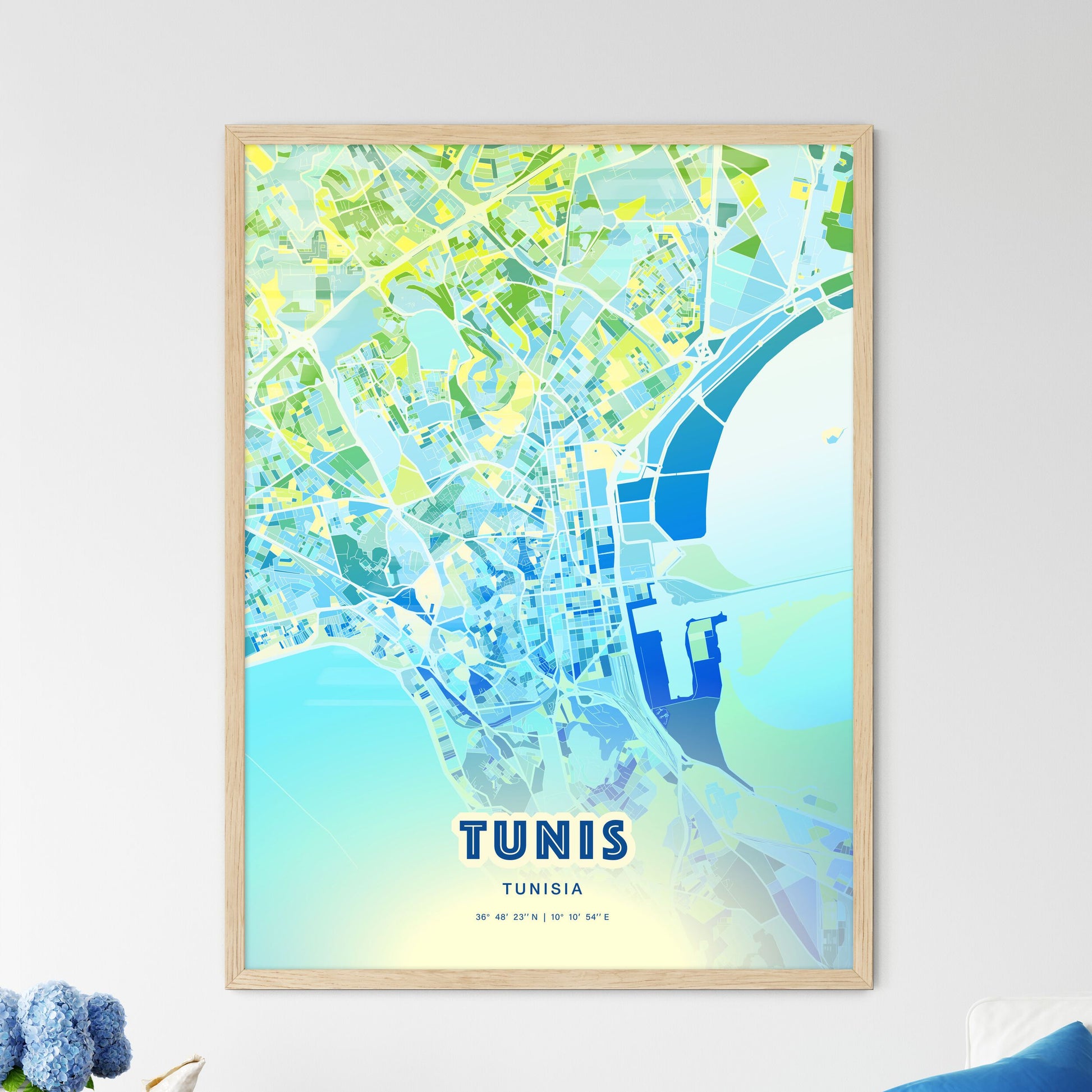 Colorful Tunis Tunisia Fine Art Map Cool Blue