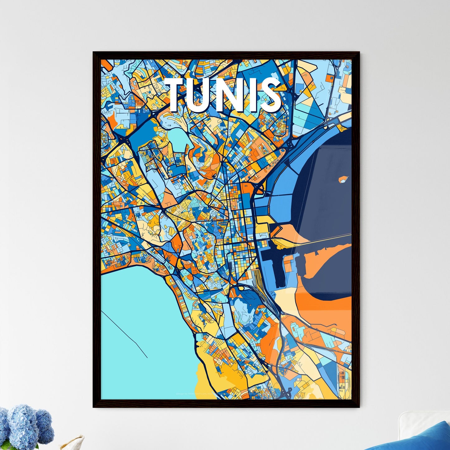 TUNIS TUNISIA Vibrant Colorful Art Map Poster Blue Orange