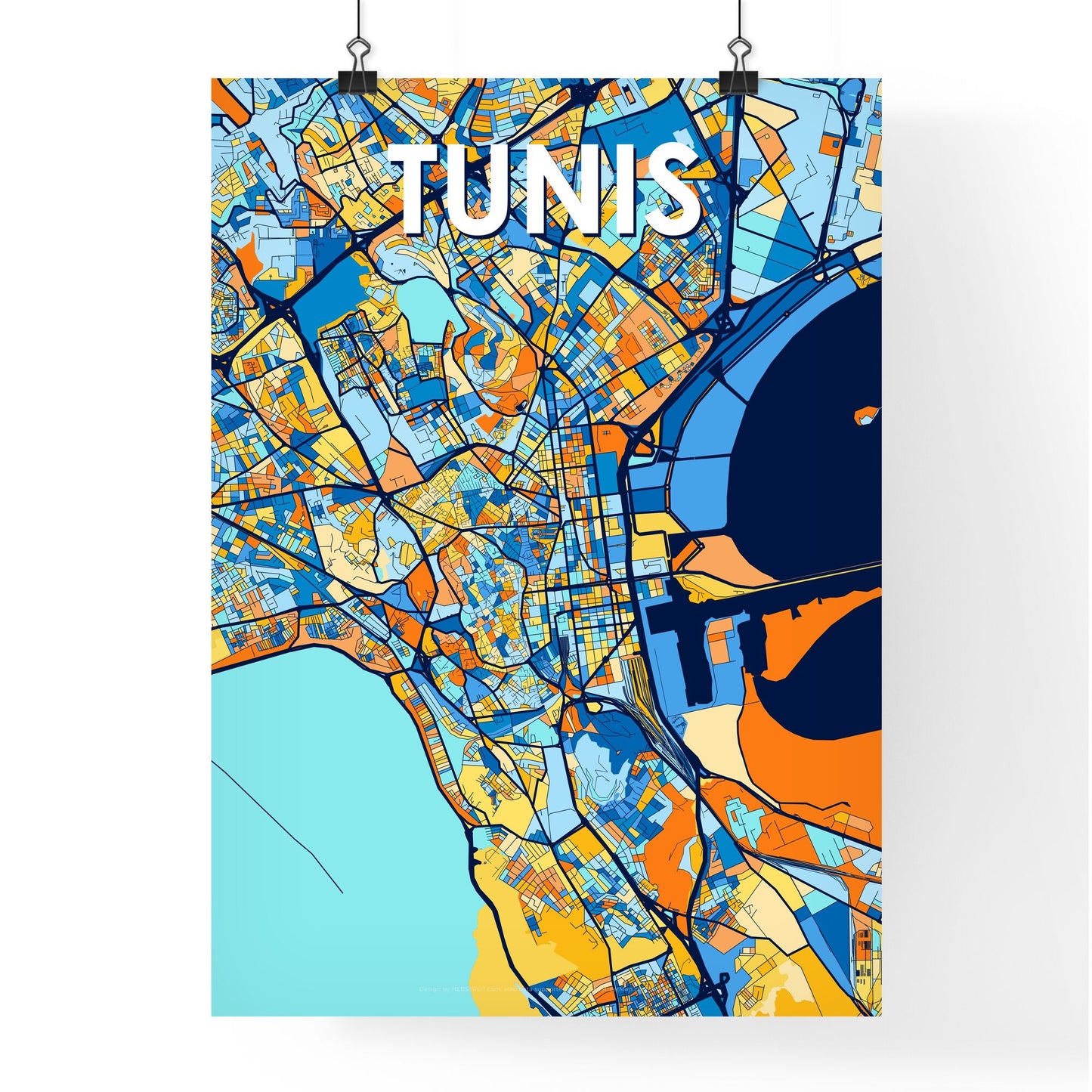 TUNIS TUNISIA Vibrant Colorful Art Map Poster Blue Orange