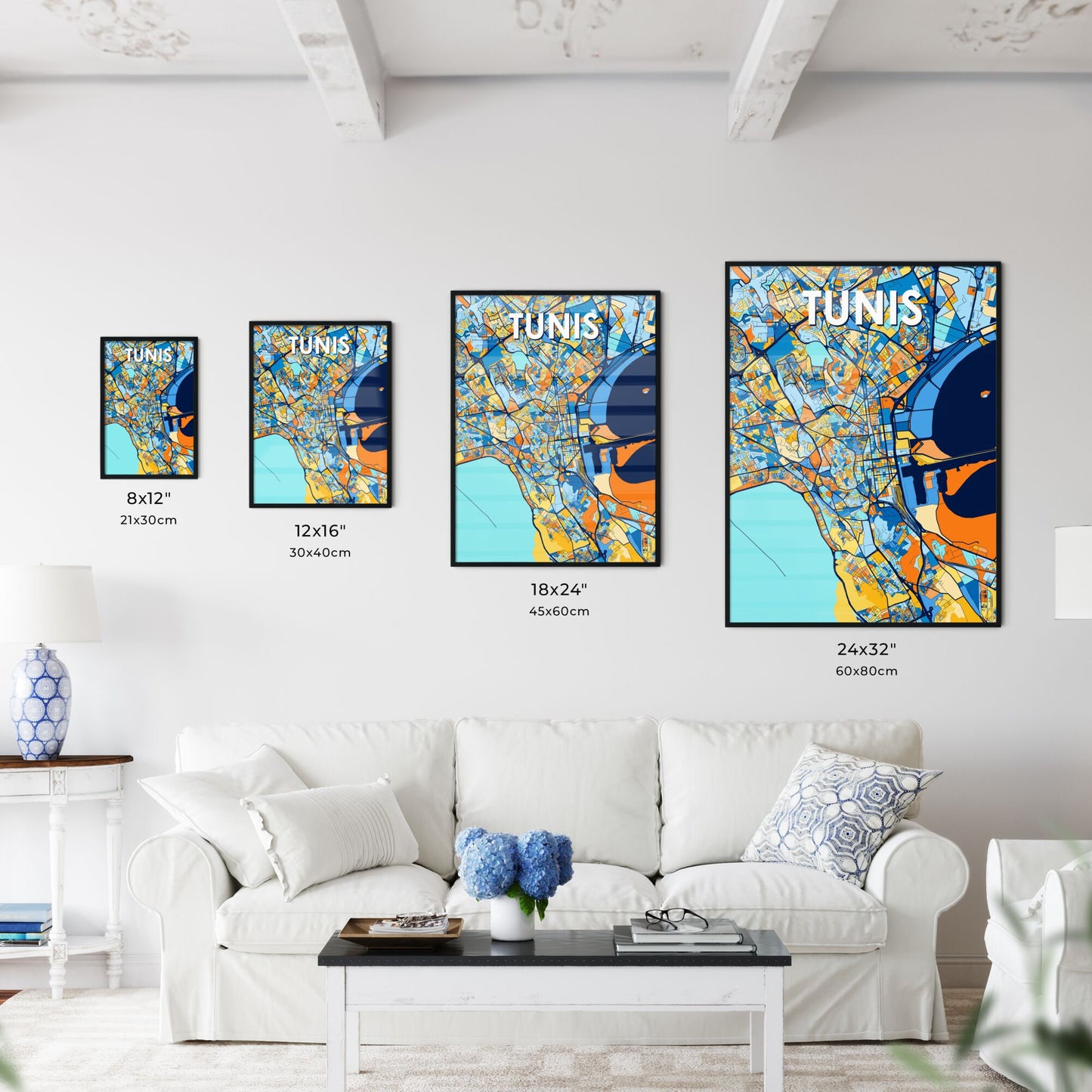 TUNIS TUNISIA Vibrant Colorful Art Map Poster Blue Orange