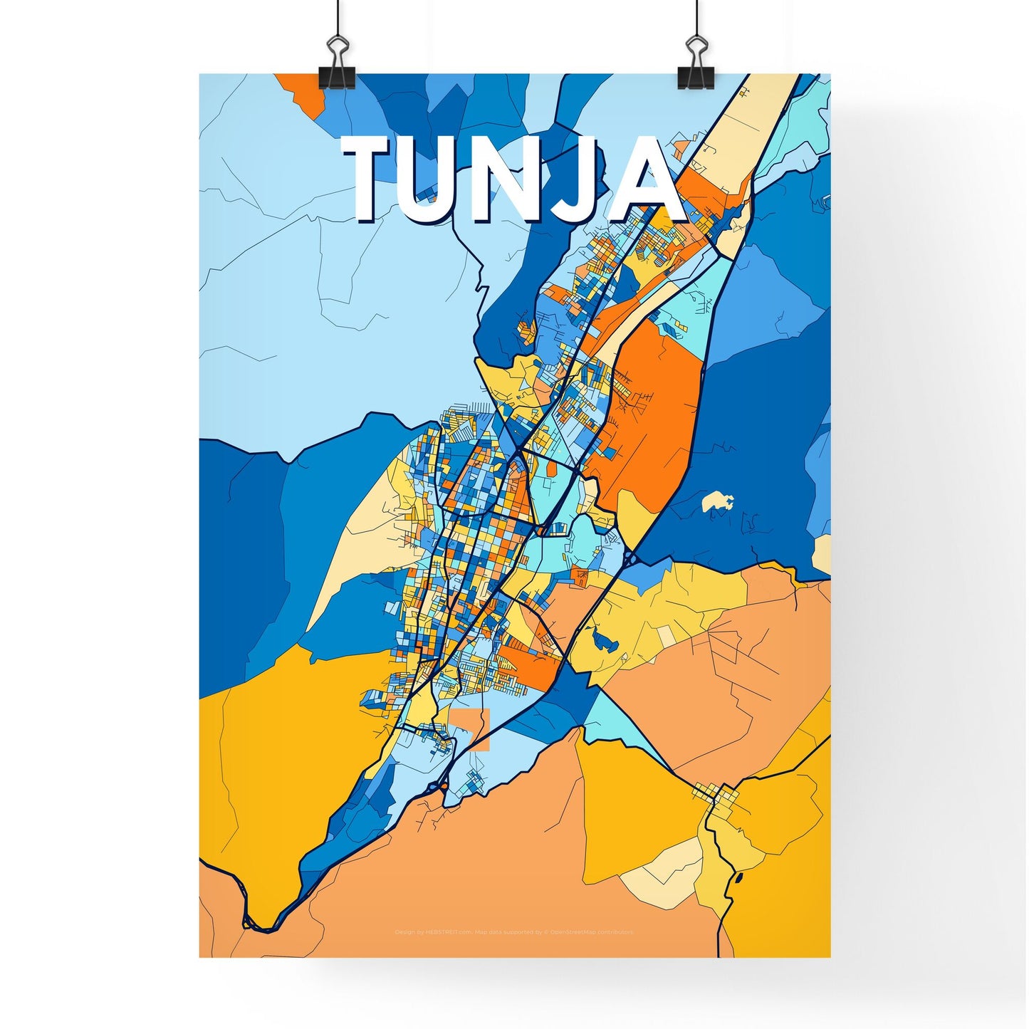 TUNJA COLOMBIA Vibrant Colorful Art Map Poster Blue Orange