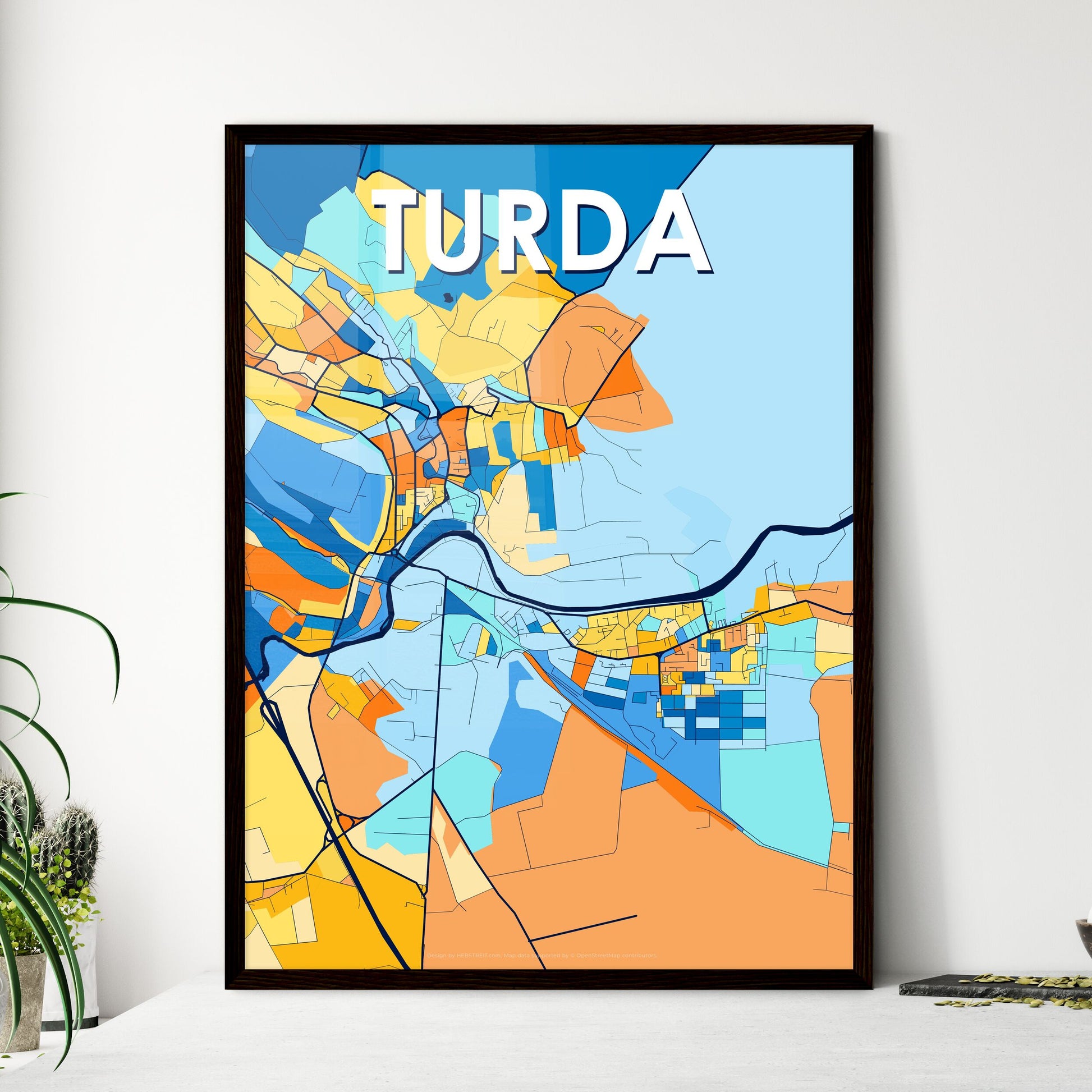 TURDA ROMANIA Vibrant Colorful Art Map Poster Blue Orange