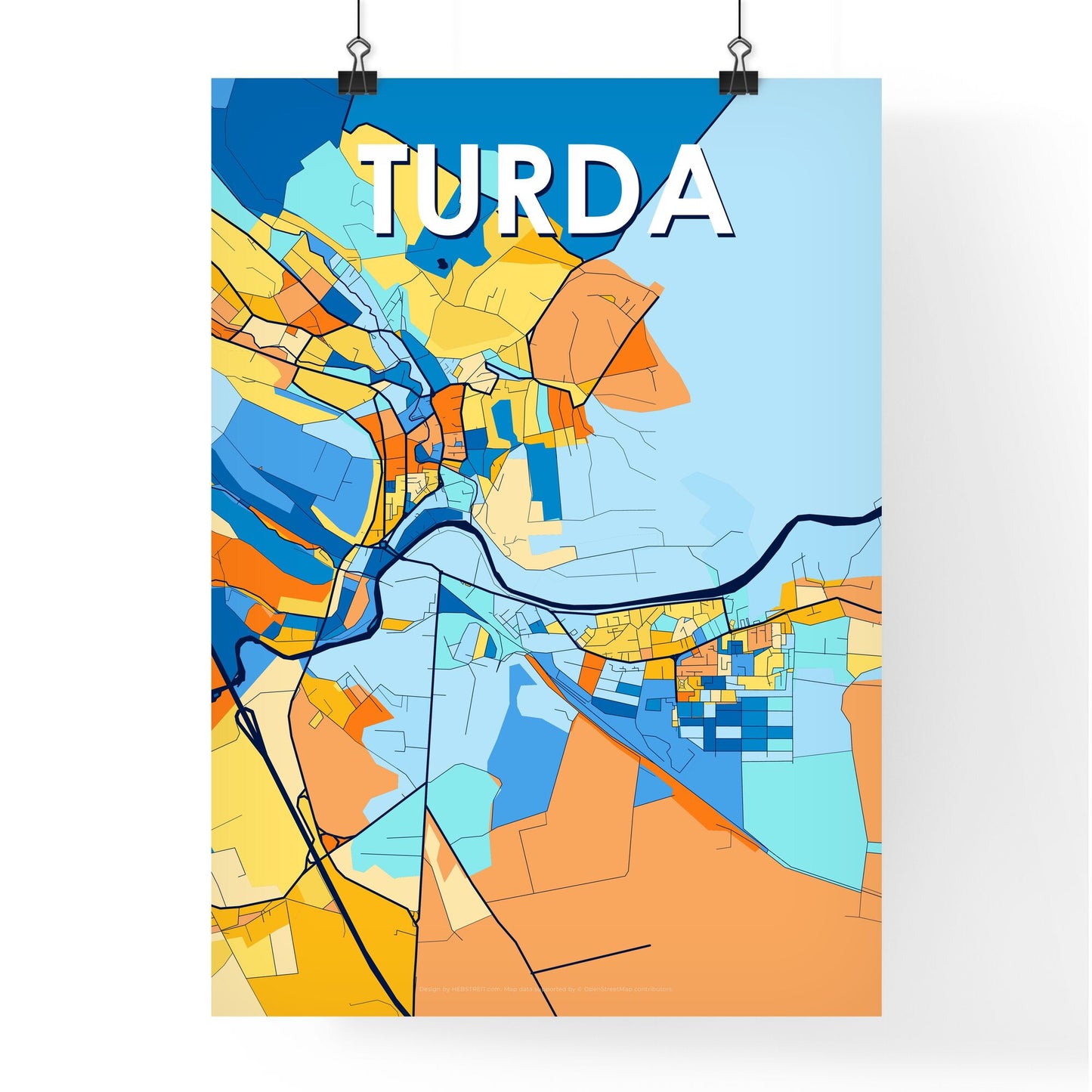 TURDA ROMANIA Vibrant Colorful Art Map Poster Blue Orange