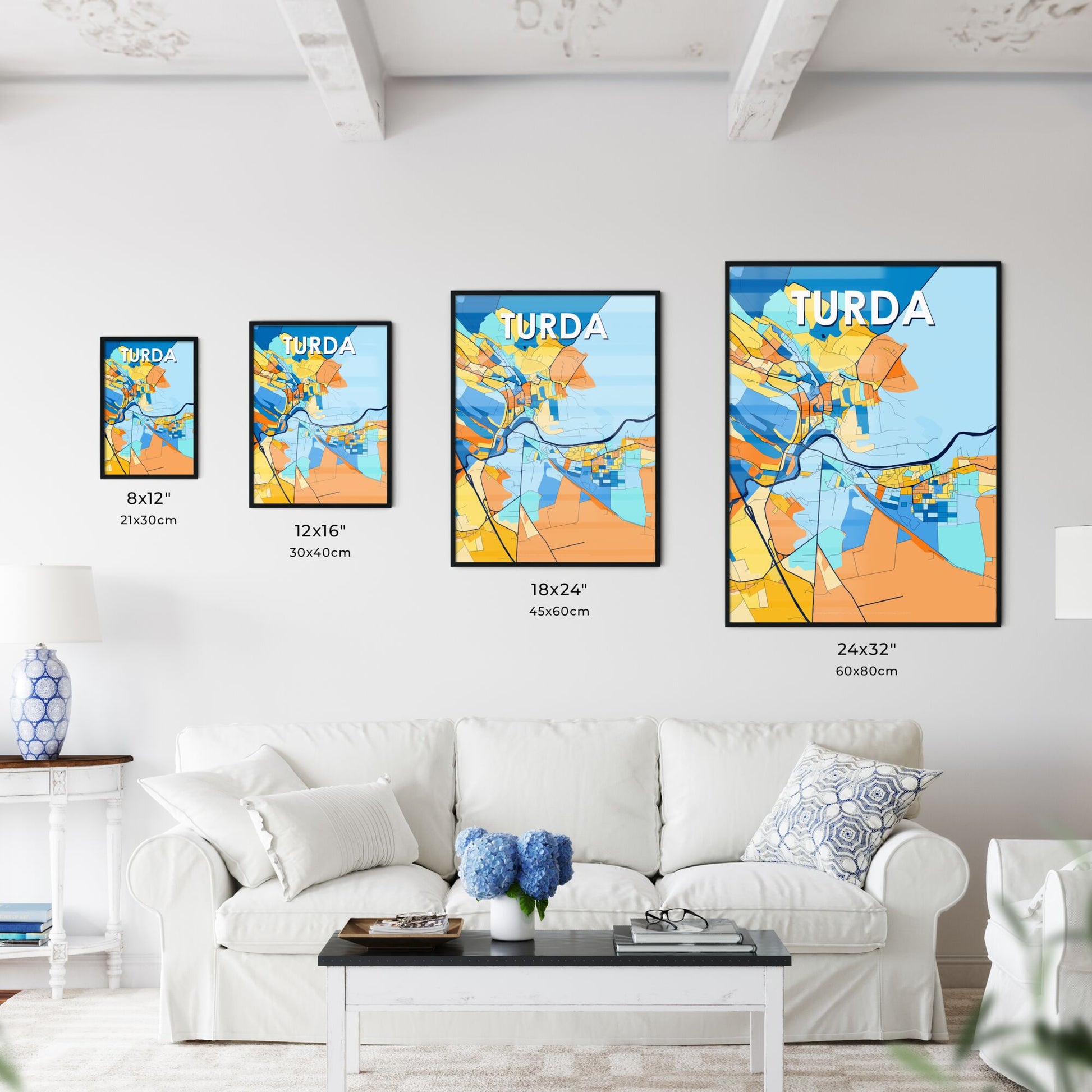 TURDA ROMANIA Vibrant Colorful Art Map Poster Blue Orange