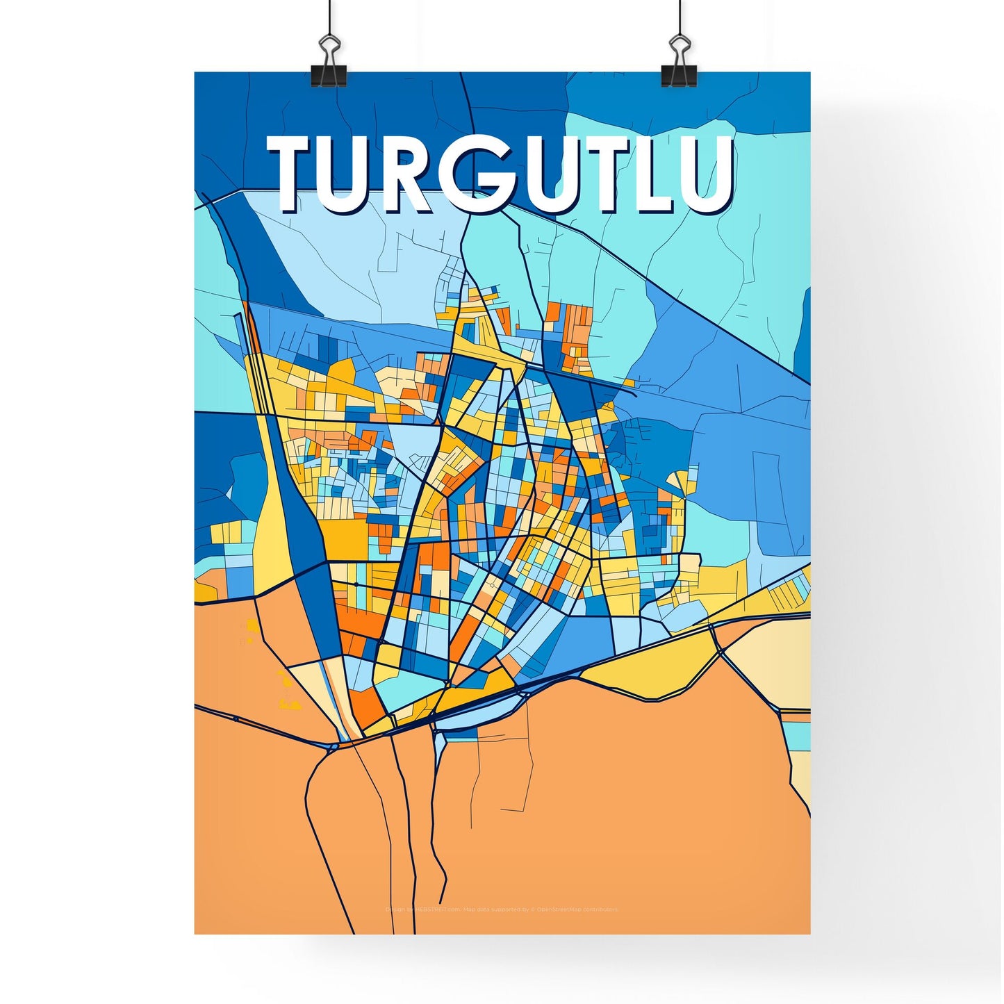 TURGUTLU TURKEY Vibrant Colorful Art Map Poster Blue Orange