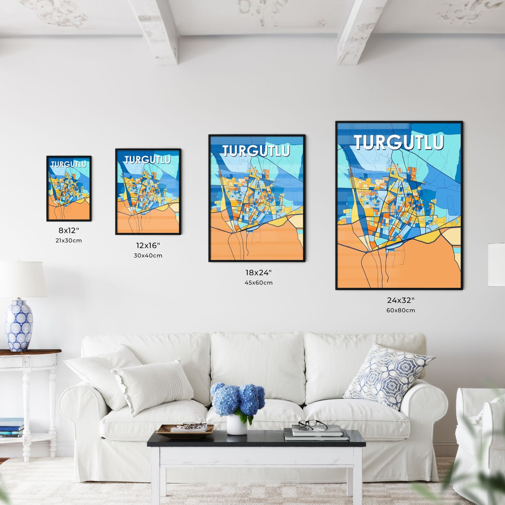 TURGUTLU TURKEY Vibrant Colorful Art Map Poster Blue Orange