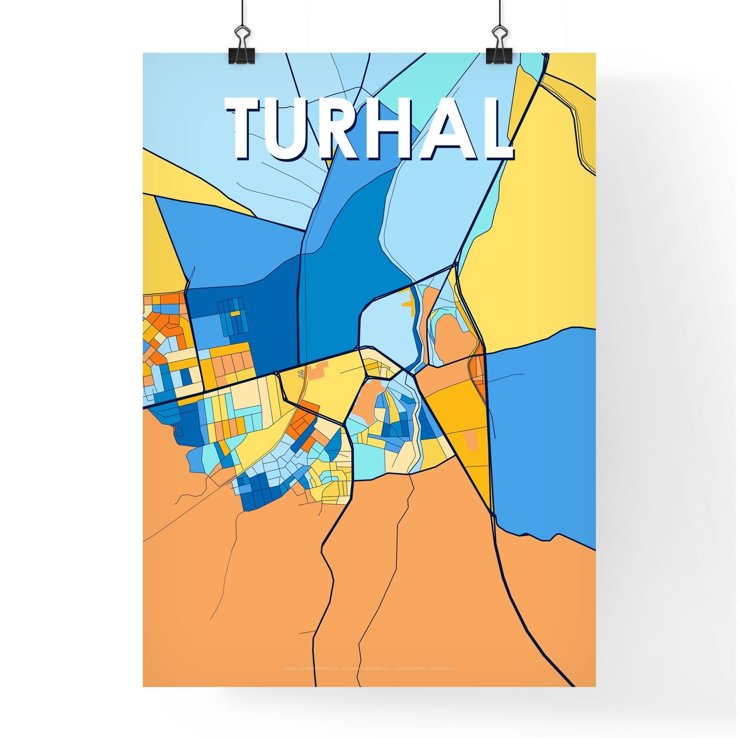 TURHAL TURKEY Vibrant Colorful Art Map Poster Blue Orange