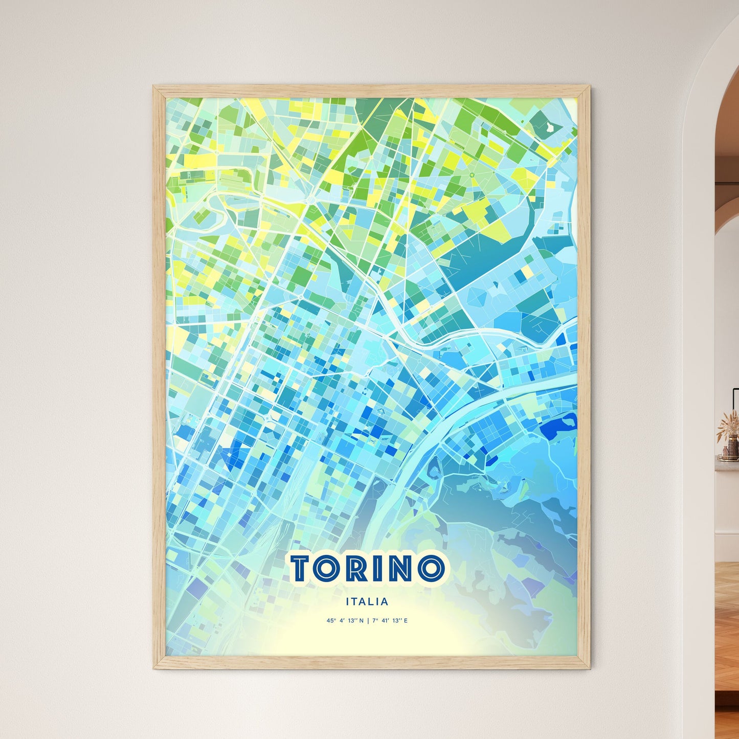 Colorful Turin Italy Fine Art Map Cool Blue