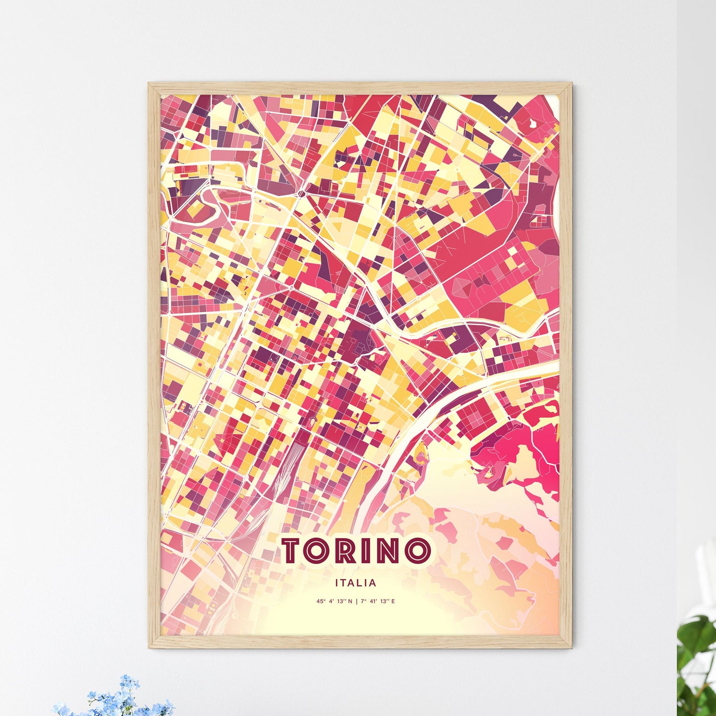 Colorful Turin Italy Fine Art Map Hot Red