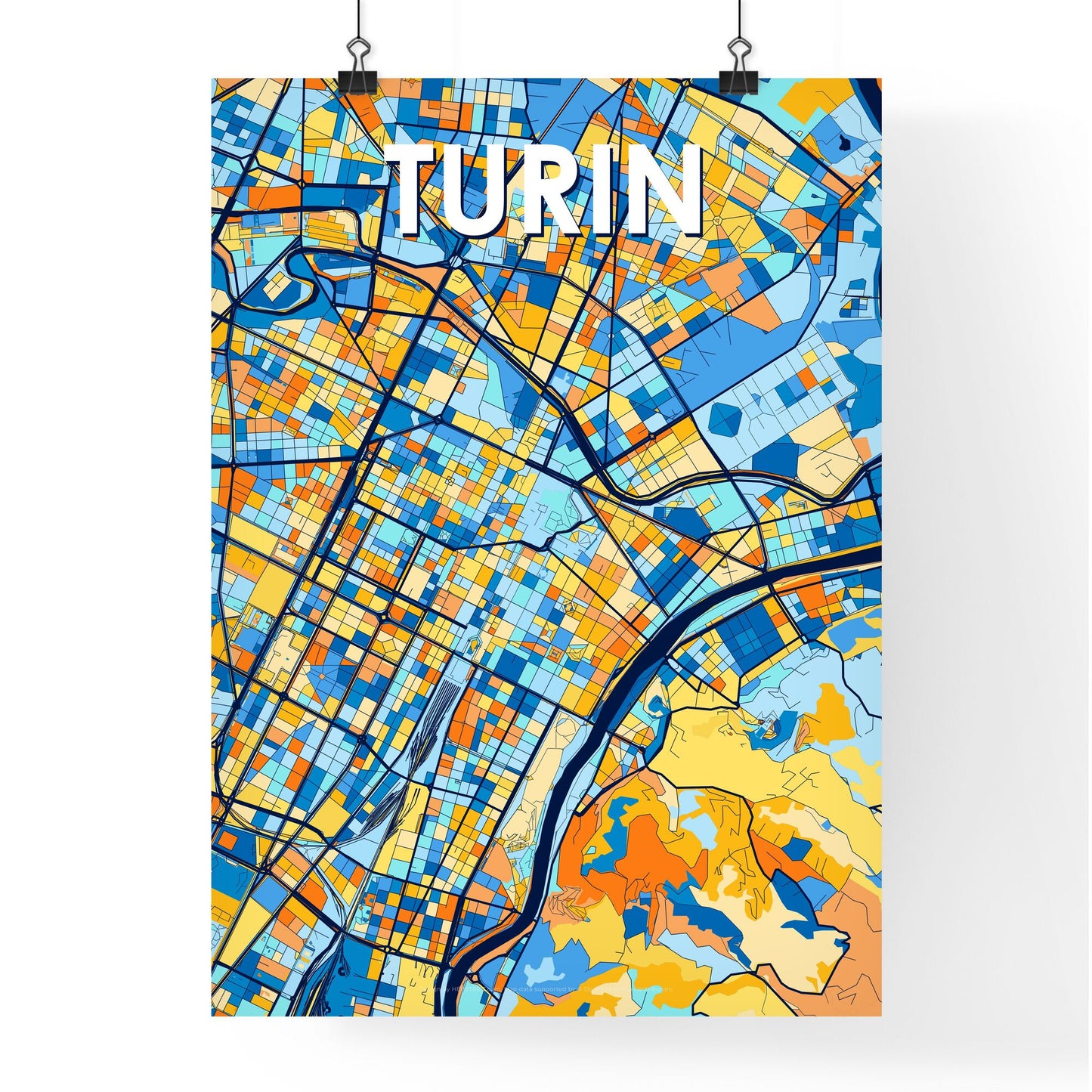 TURIN ITALY Vibrant Colorful Art Map Poster Blue Orange