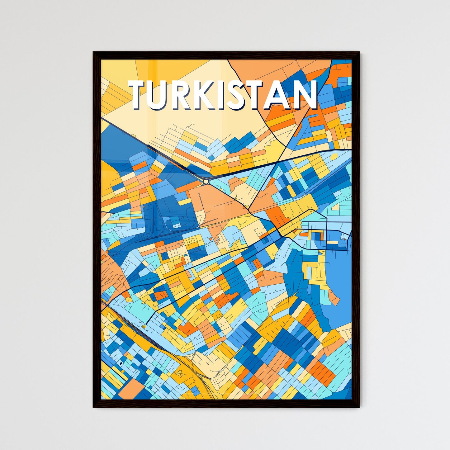 TURKISTAN KAZAKHSTAN Vibrant Colorful Art Map Poster Blue Orange