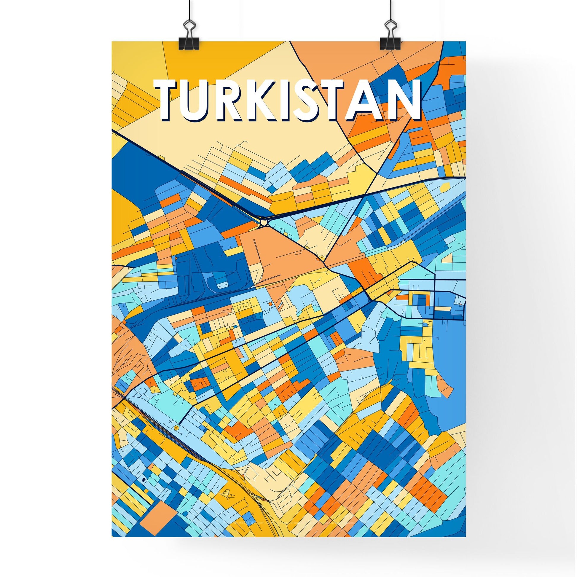 TURKISTAN KAZAKHSTAN Vibrant Colorful Art Map Poster Blue Orange