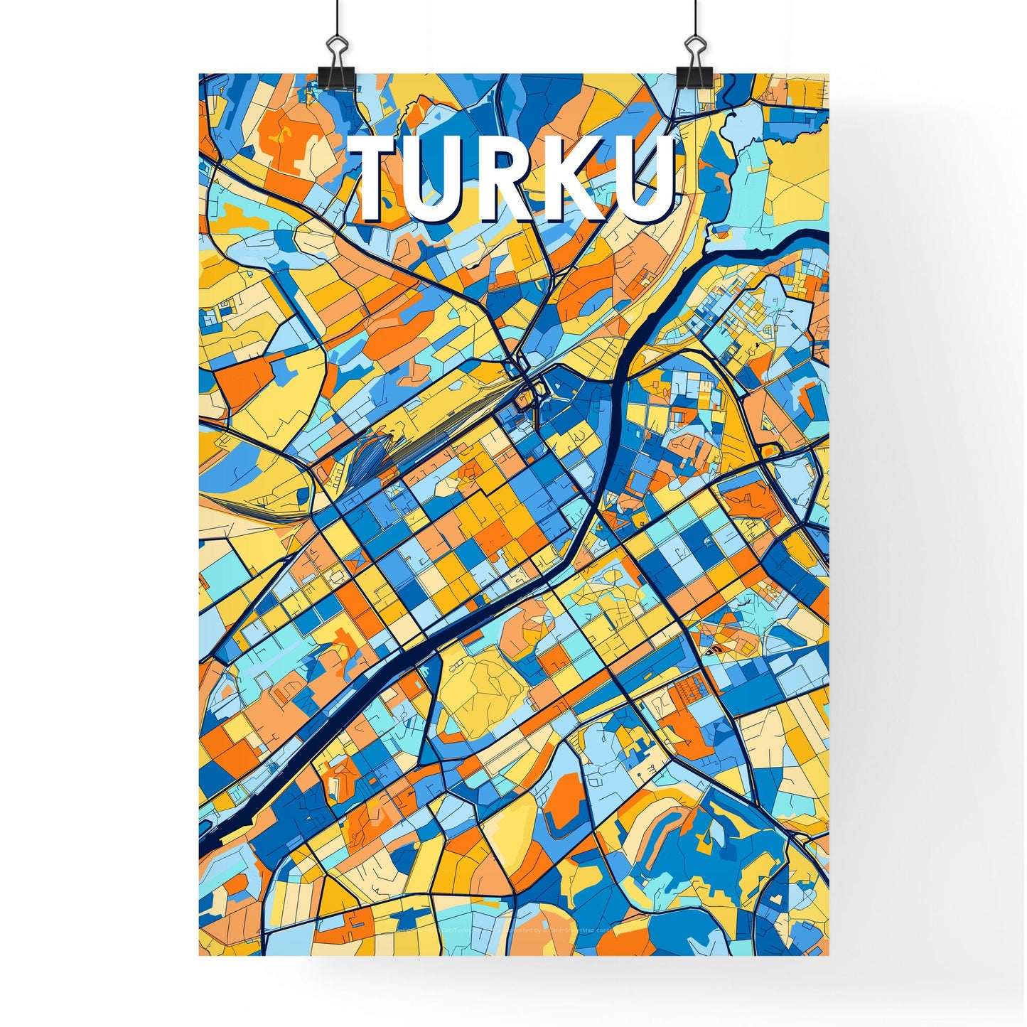 TURKU FINLAND Vibrant Colorful Art Map Poster Blue Orange