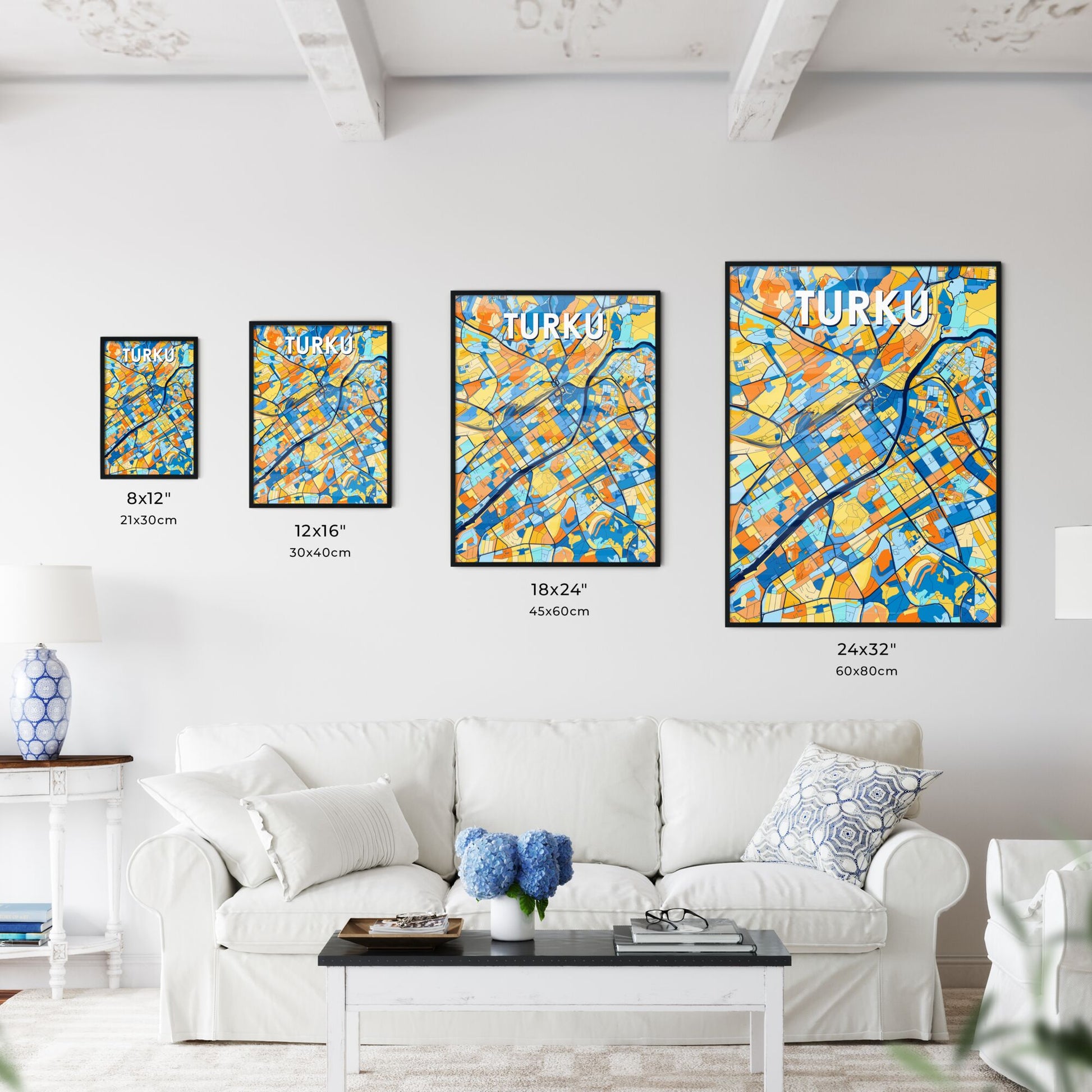 TURKU FINLAND Vibrant Colorful Art Map Poster Blue Orange