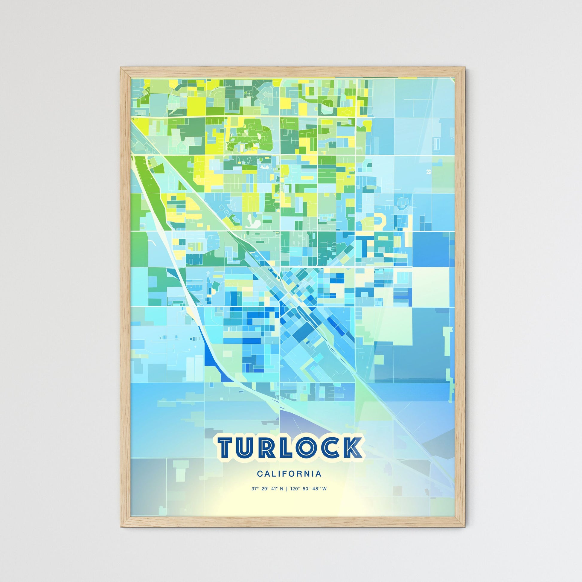 Colorful Turlock California Fine Art Map Cool Blue