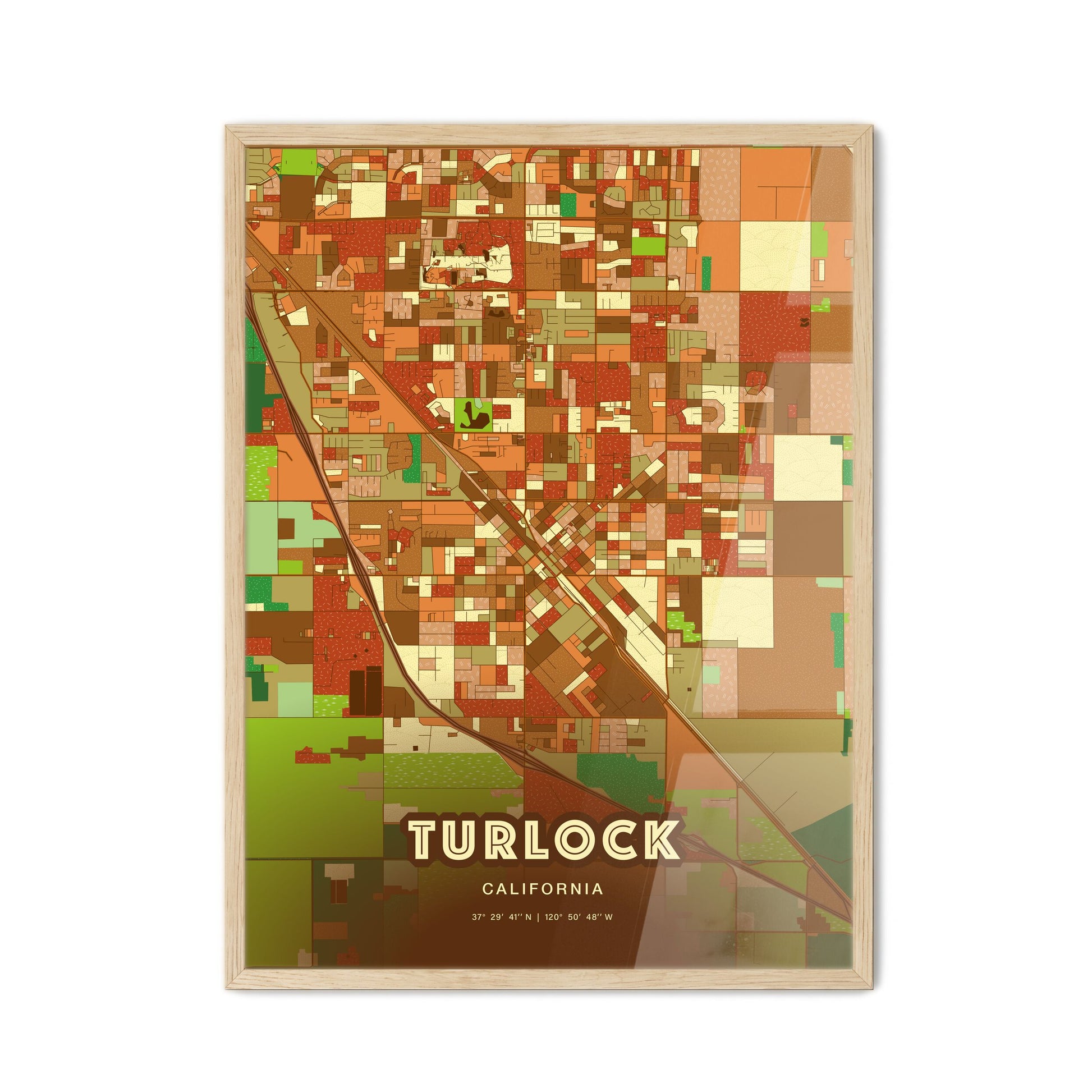 Colorful Turlock California Fine Art Map Farmhouse
